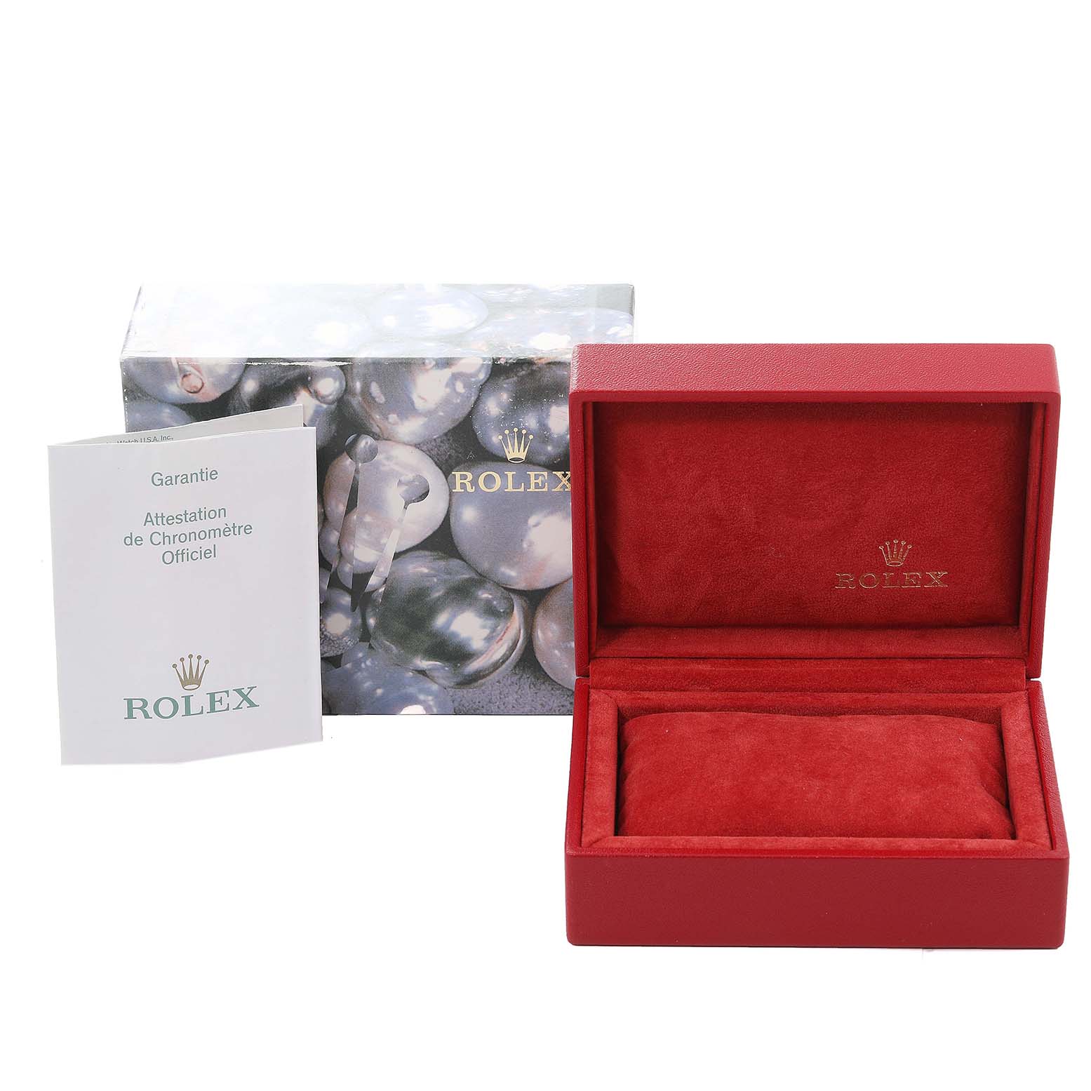 This image shows a Rolex President 79279 Women's White Gold Pink Dial 79279 Women's White Gold Pink Dial model watch box, packaging, and warranty card from a front angle.