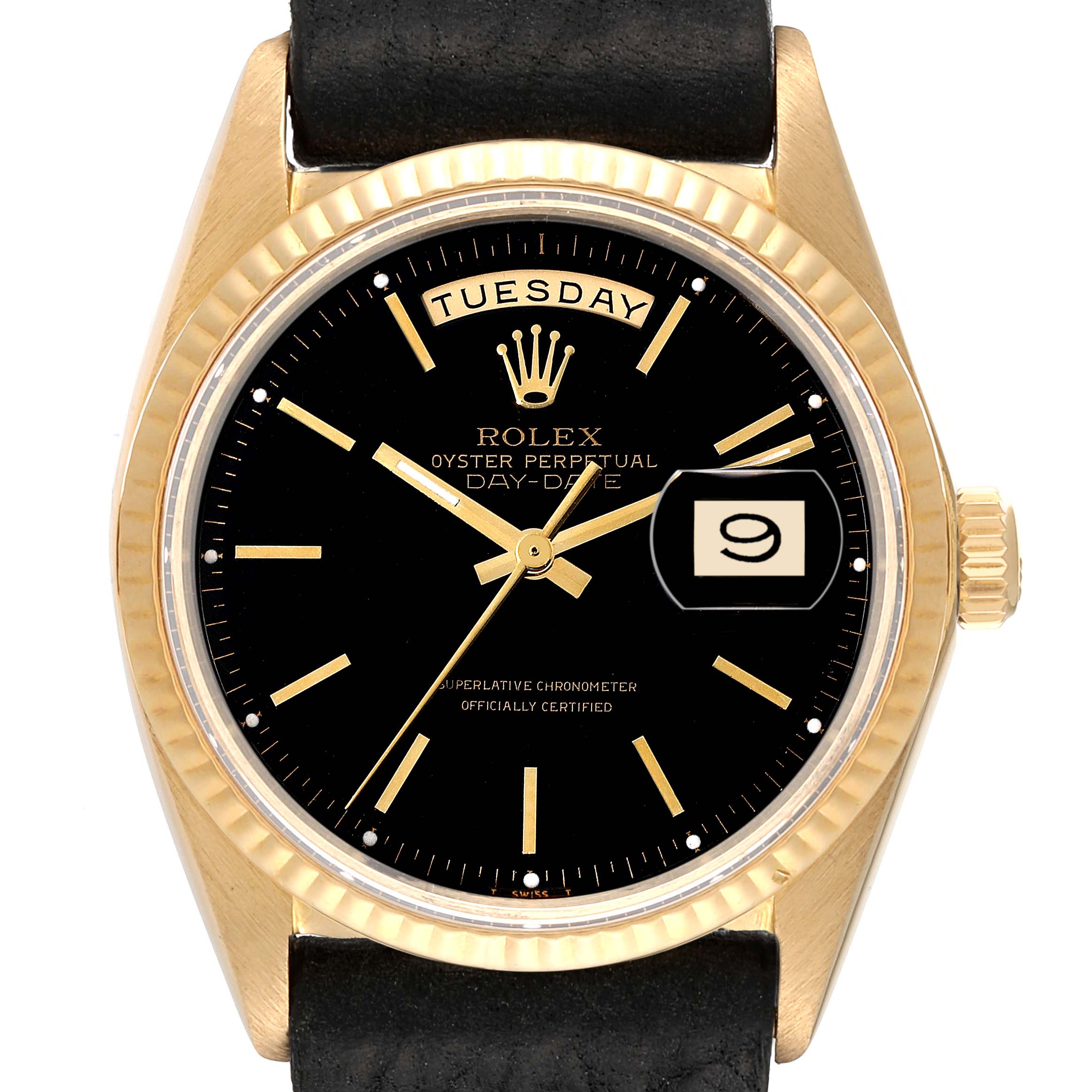 This image shows a frontal view of a Rolex President 1803 Men's Yellow Gold Black Dial 1803 Men's Yellow Gold Black Dial model watch, highlighting the dial, day and date displays, bezel, and crown.