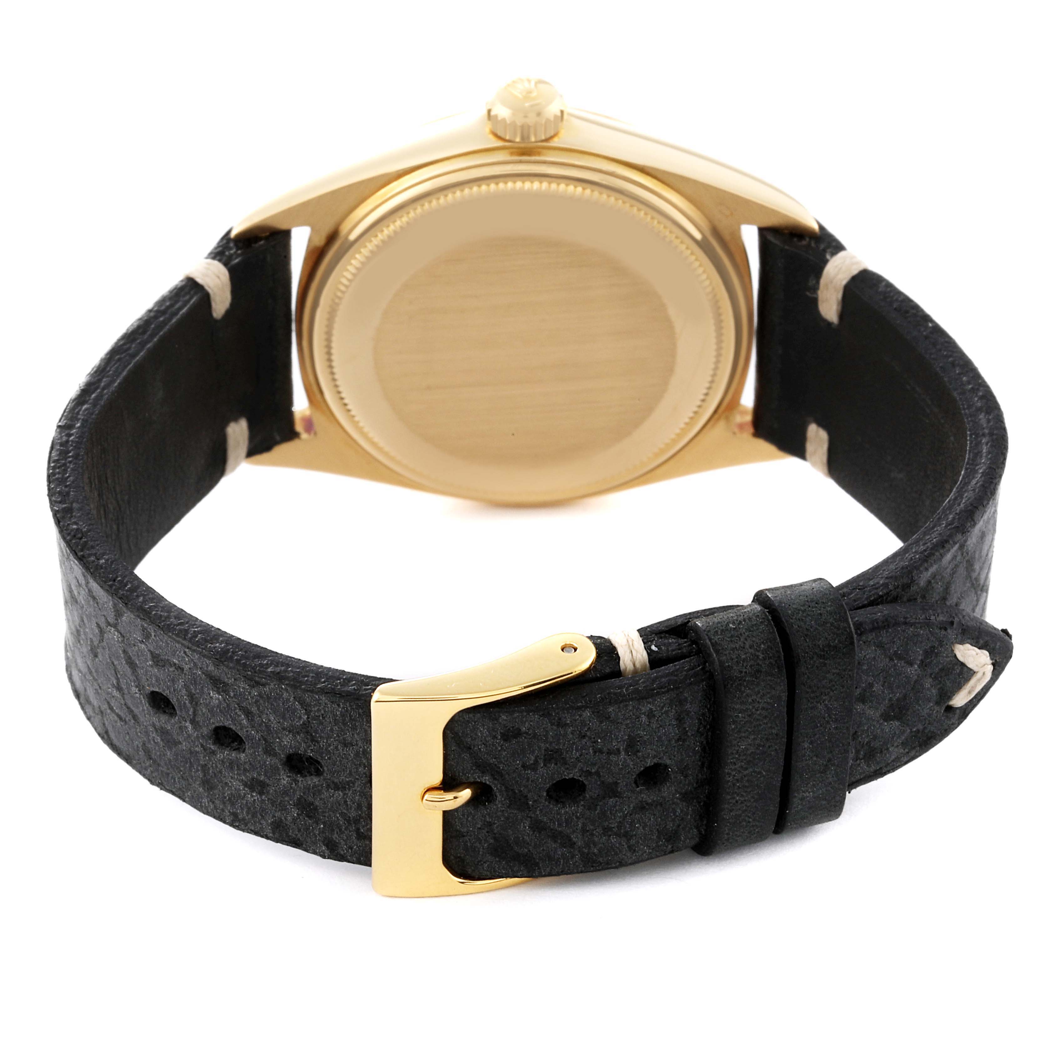 The image shows the back case and leather strap with a buckle of a Rolex President 1803 Men's Yellow Gold Black Dial 1803 Men's Yellow Gold Black Dial model watch.