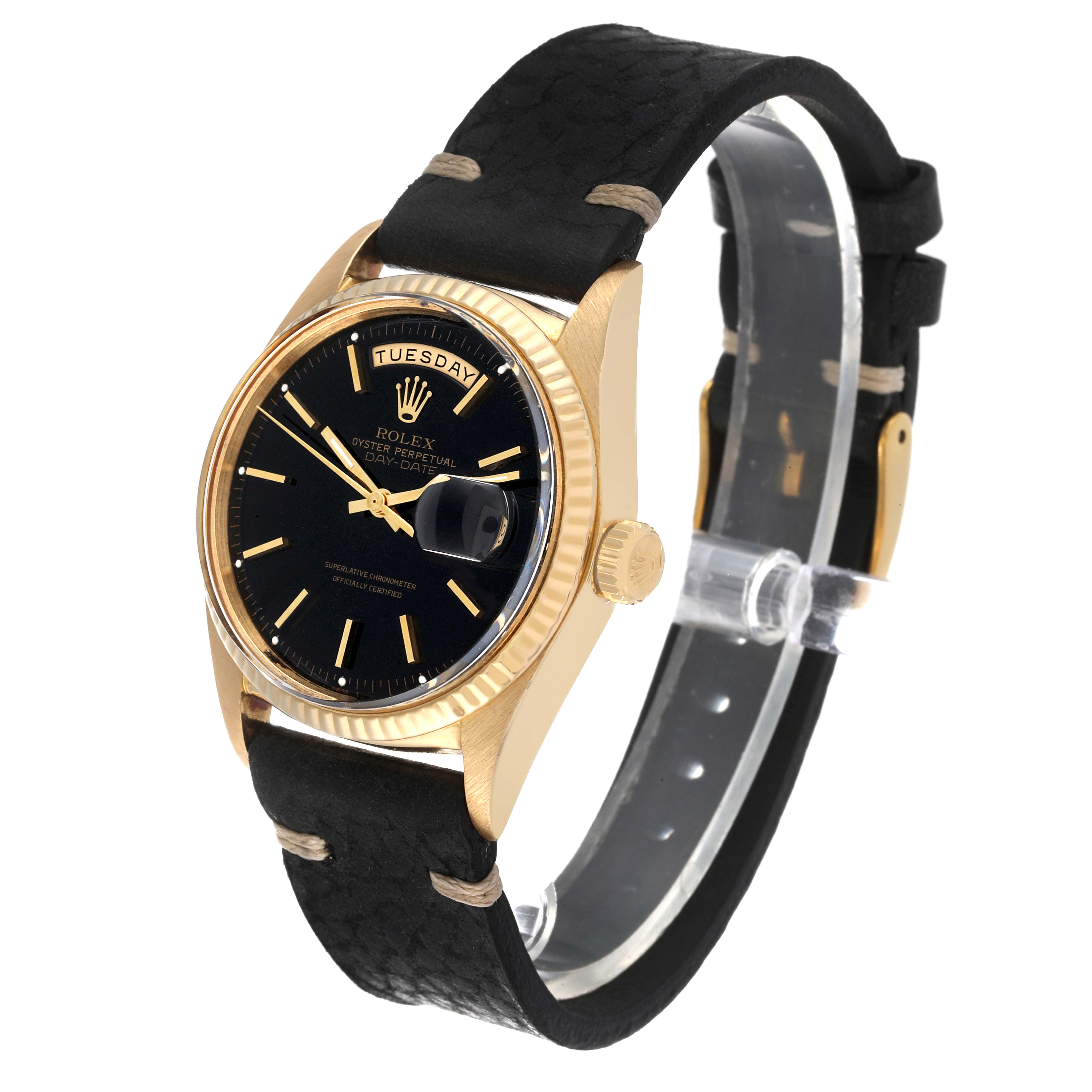 The Rolex President 1803 Men's Yellow Gold Black Dial 1803 Men's Yellow Gold Black Dial watch is shown at an angled view, highlighting the black dial, gold case, and black strap.