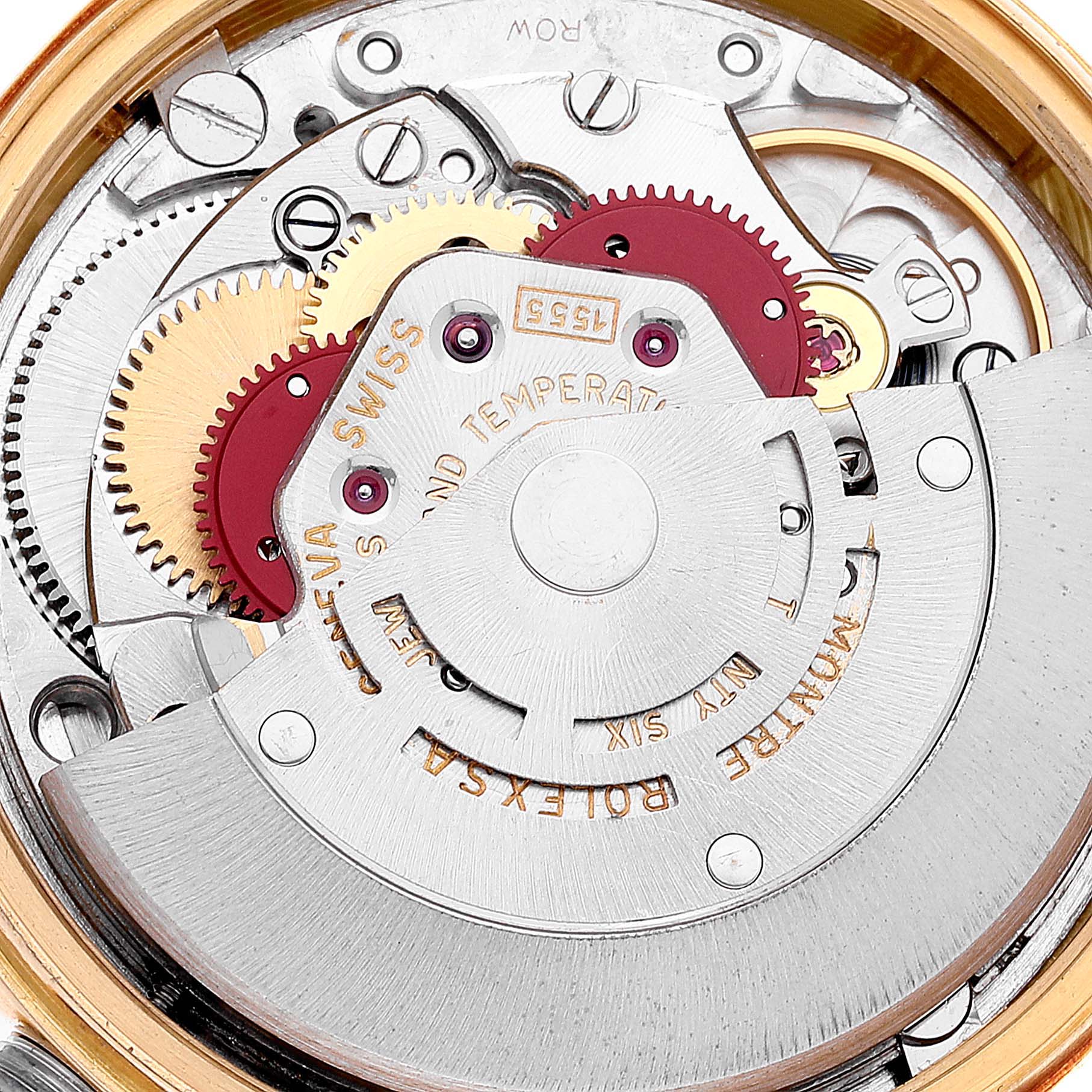 This image shows the internal mechanism of a Rolex President 1803 Men's Yellow Gold Black Dial 1803 Men's Yellow Gold Black Dial model watch from a close-up, top-down angle.