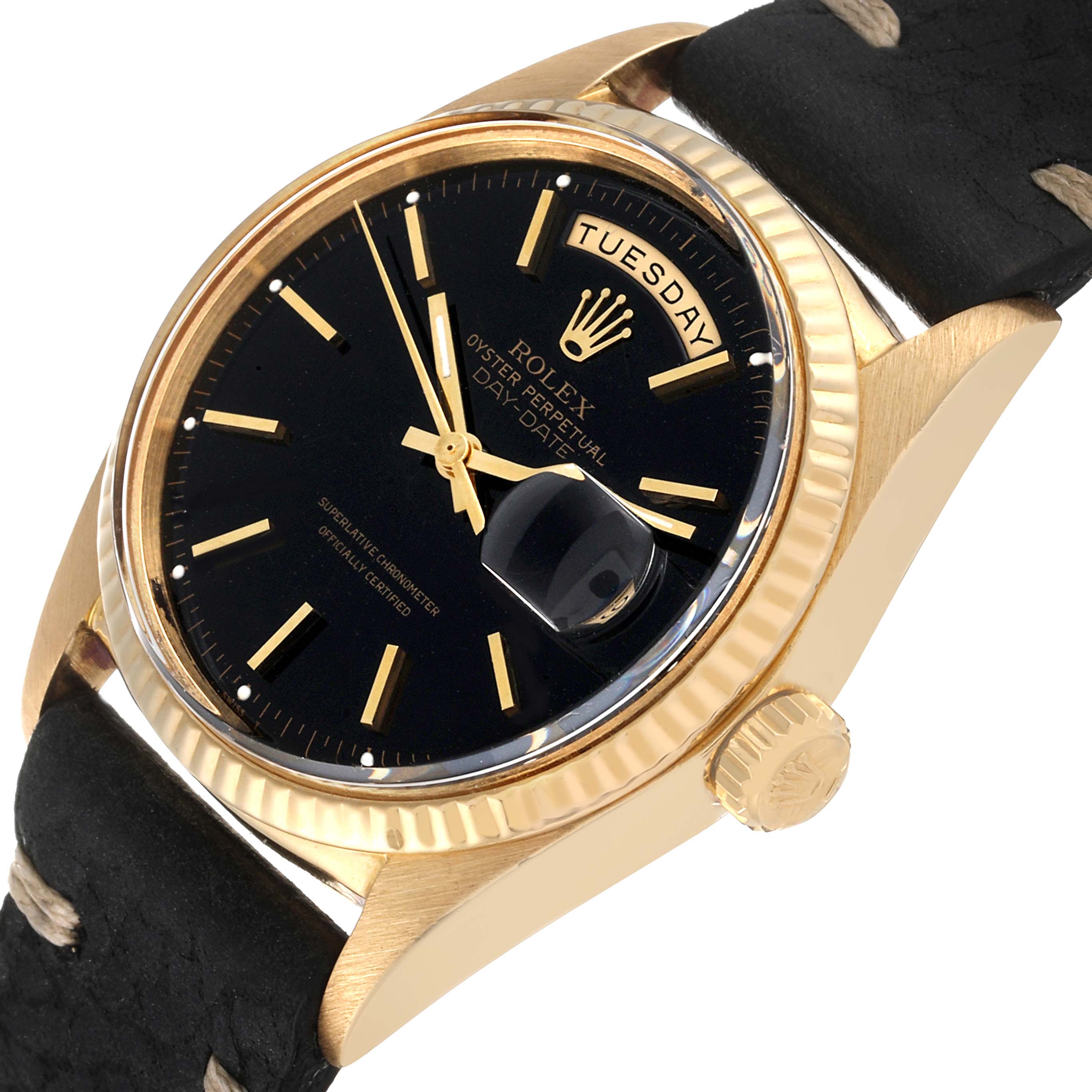 The Rolex President 1803 Men's Yellow Gold Black Dial 1803 Men's Yellow Gold Black Dial model is shown from a slight angle, highlighting the black dial, day and date display, crown, and strap.