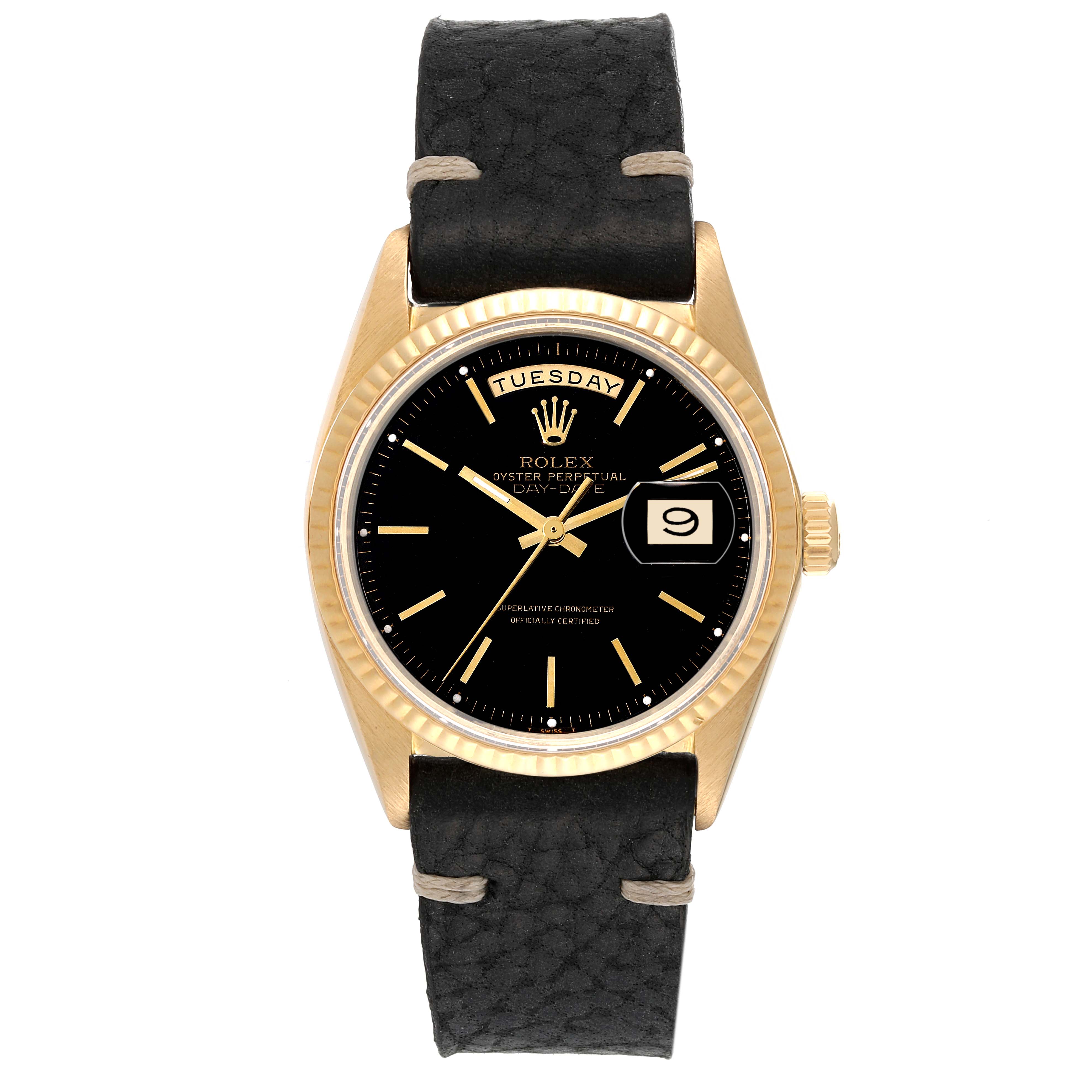 The image shows a front view of a Rolex President 1803 Men's Yellow Gold Black Dial 1803 Men's Yellow Gold Black Dial model watch with a black dial and a leather strap.