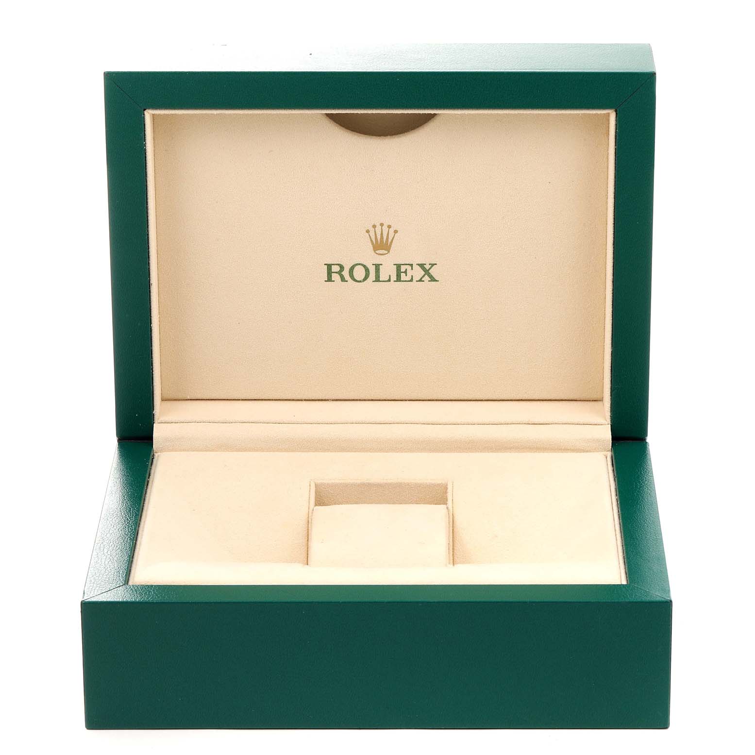The image shows an open green Rolex box for the President model, displaying the interior watch holder and the brand logo.
