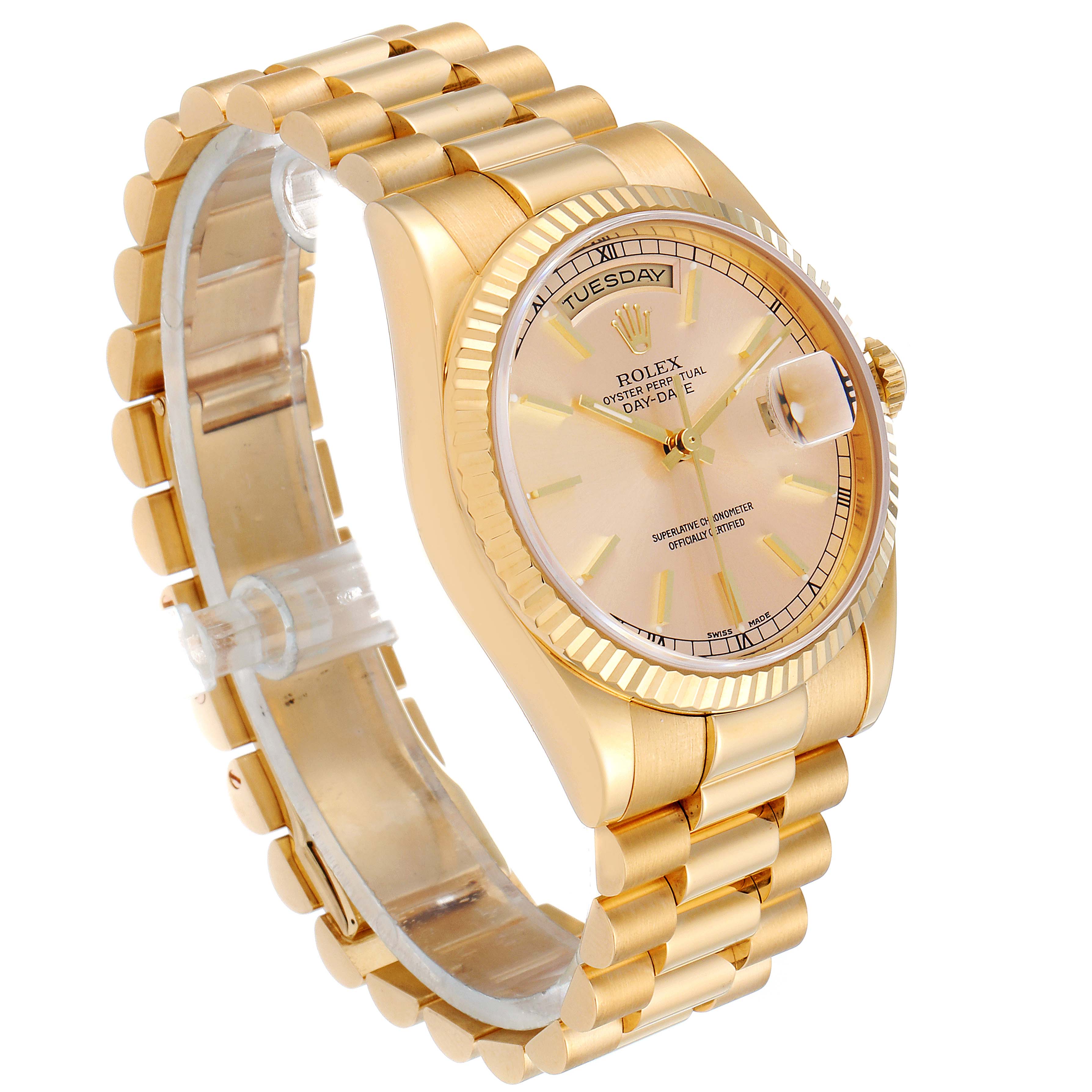The image shows a Rolex President 118238 Men's Yellow Gold Champagne Dial 118238 Men's Yellow Gold Champagne Dial model watch from a front-side angle, highlighting its dial, bezel, and bracelet.