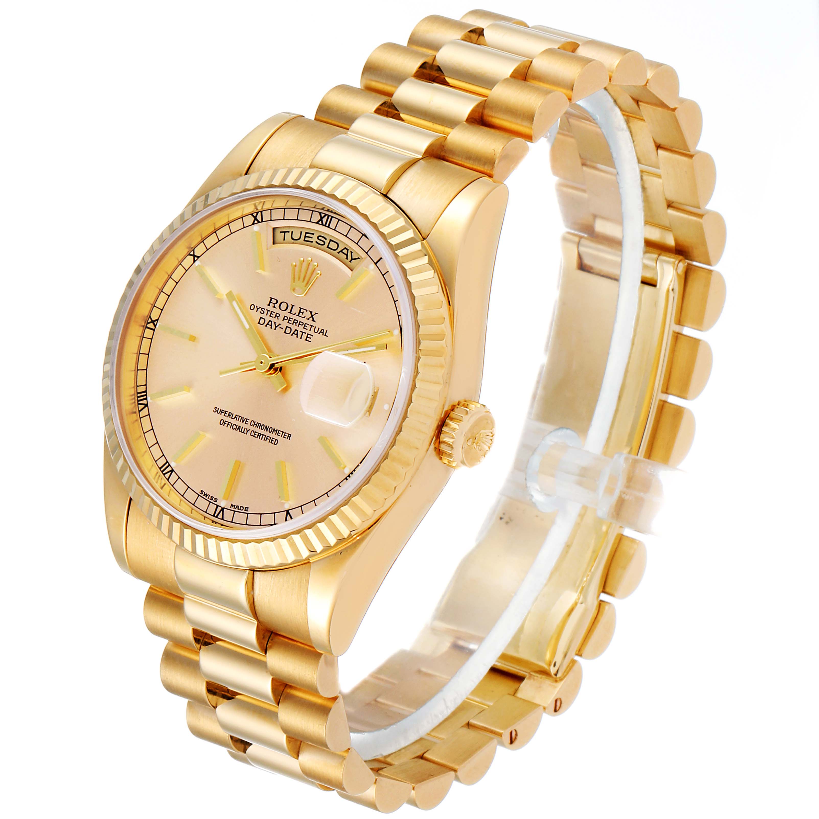 The image shows a Rolex President 118238 Men's Yellow Gold Champagne Dial 118238 Men's Yellow Gold Champagne Dial model watch at a slight side angle, highlighting its face, bezel, crown, and bracelet.