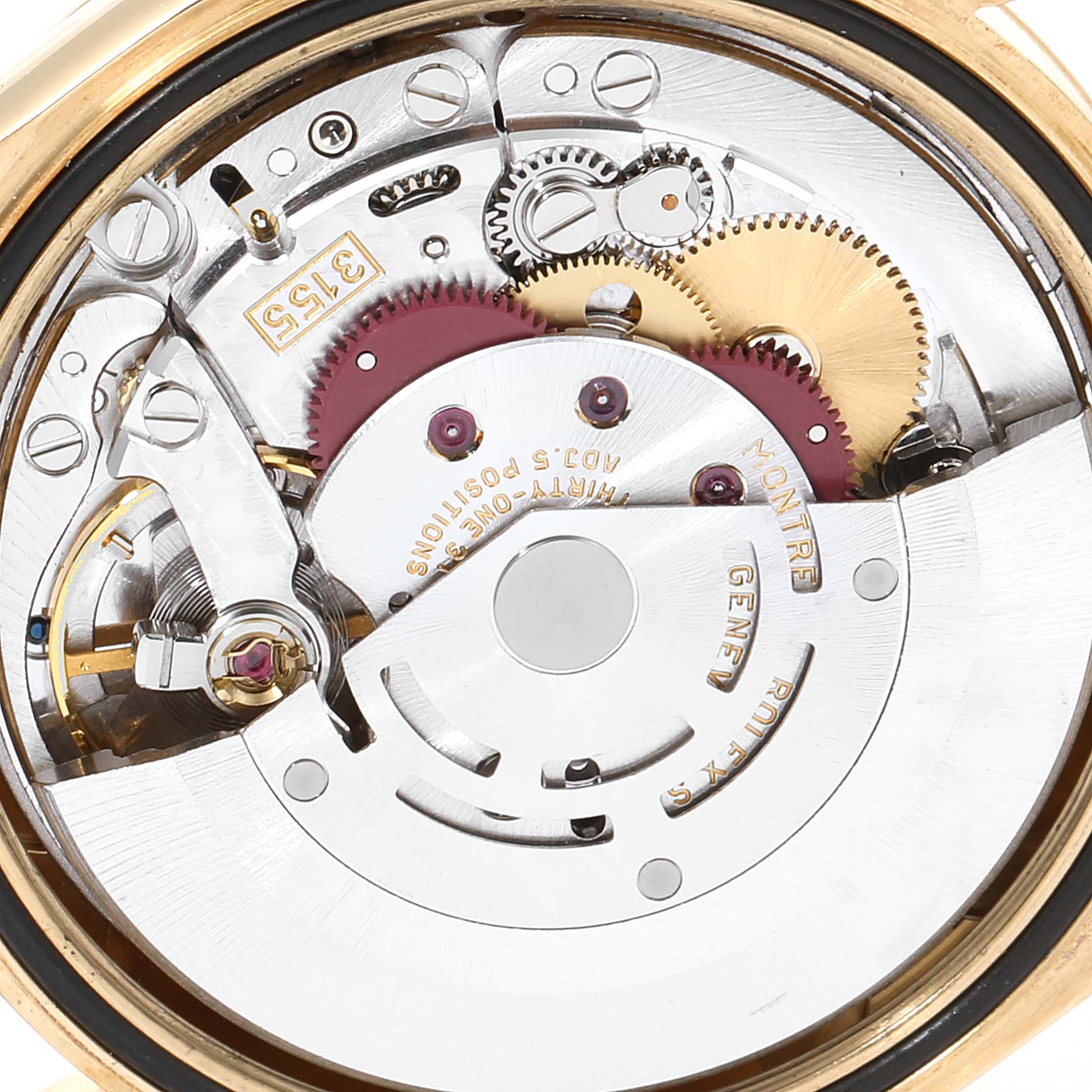 The image shows the internal mechanical movement of a Rolex President 118238 Men's Yellow Gold Champagne Dial 118238 Men's Yellow Gold Champagne Dial model watch, focusing on gears and components.