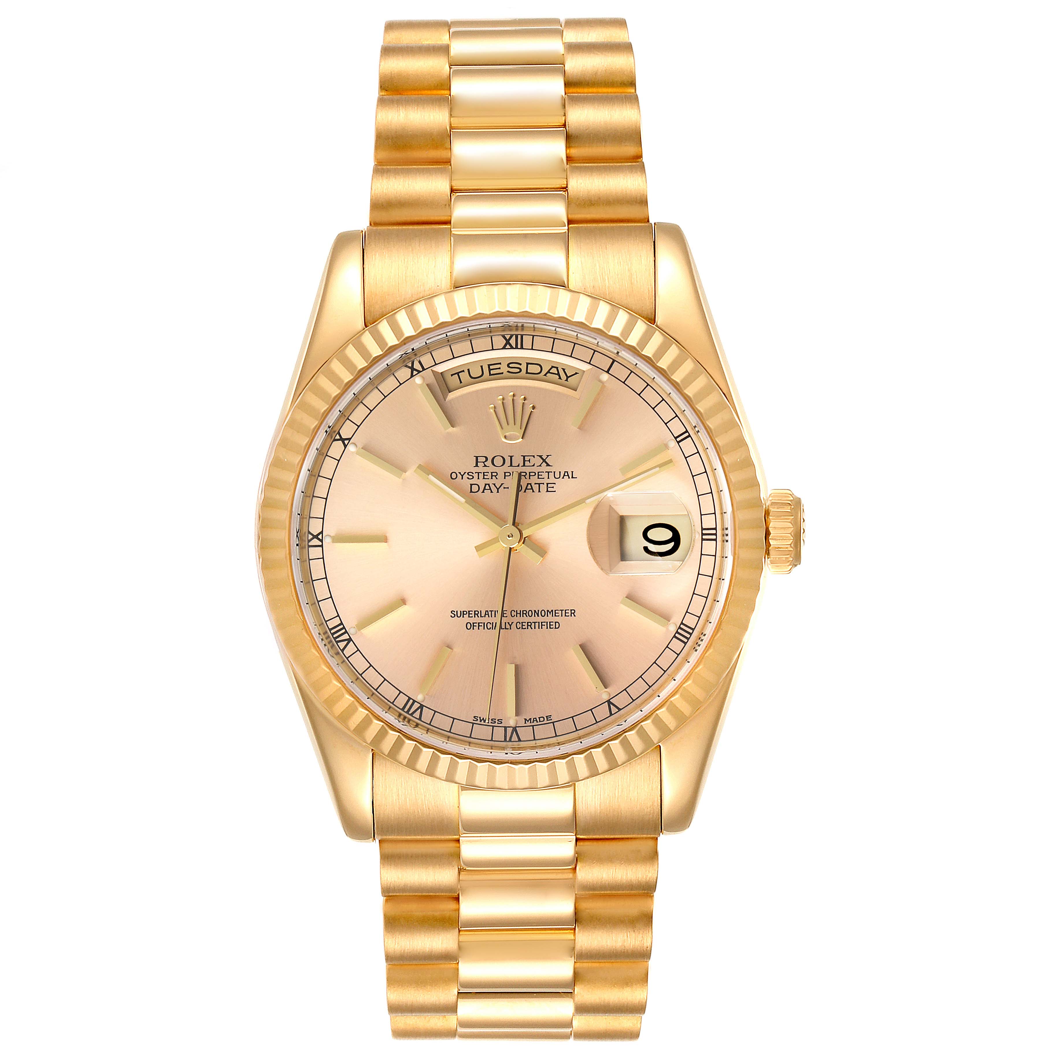 The image shows a front view of a gold Rolex President 118238 Men's Yellow Gold Champagne Dial 118238 Men's Yellow Gold Champagne Dial model watch, displaying the dial, bracelet, crown, and day-date features.