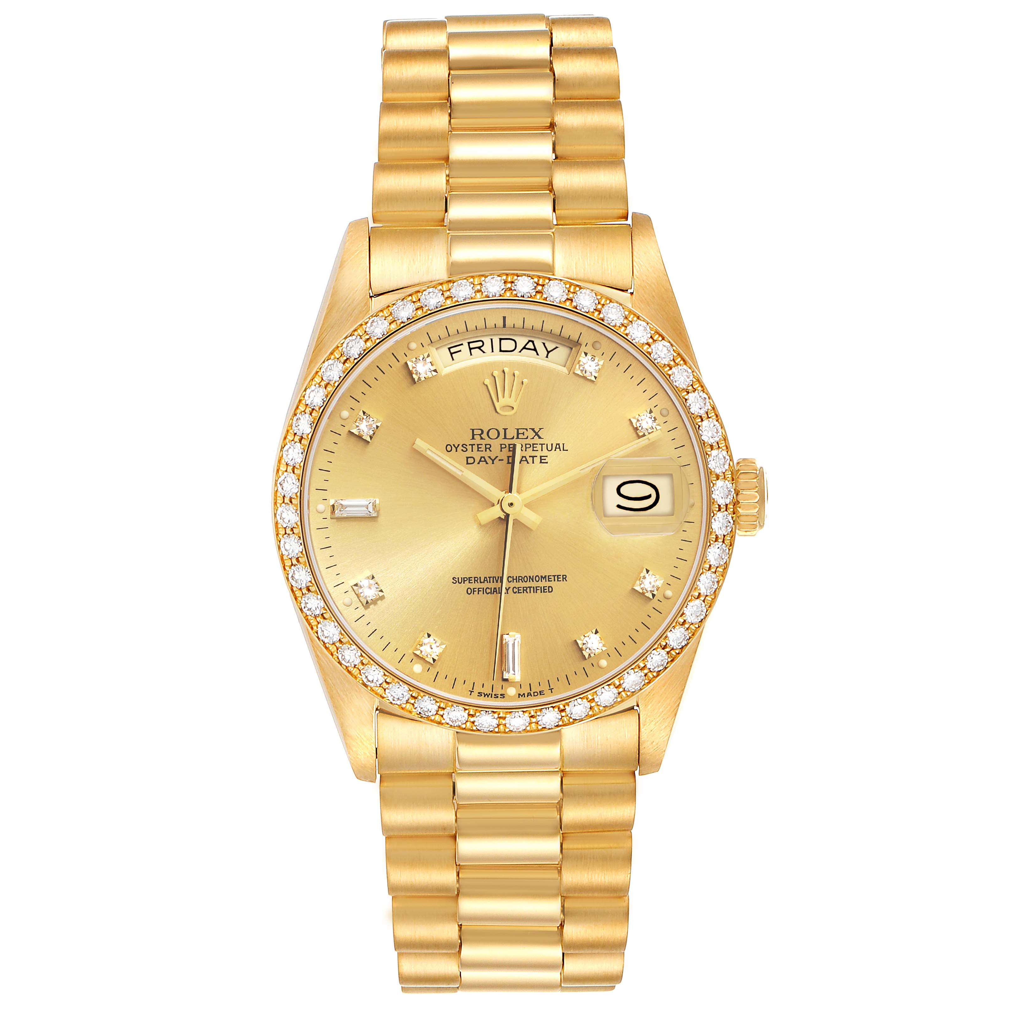 The Rolex President 18048 Men
s Yellow Gold Champagne Dial 18048 Men
s Yellow Gold Champagne Dial model is shown from a top view, displaying its face, gold band, and diamond bezel.