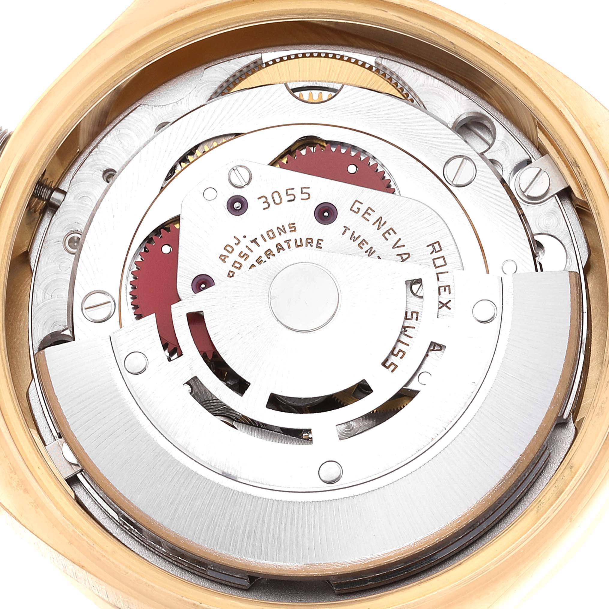 This image shows the internal movement of a Rolex President 18048 Men
s Yellow Gold Champagne Dial 18048 Men
s Yellow Gold Champagne Dial model watch from a top-down angle.