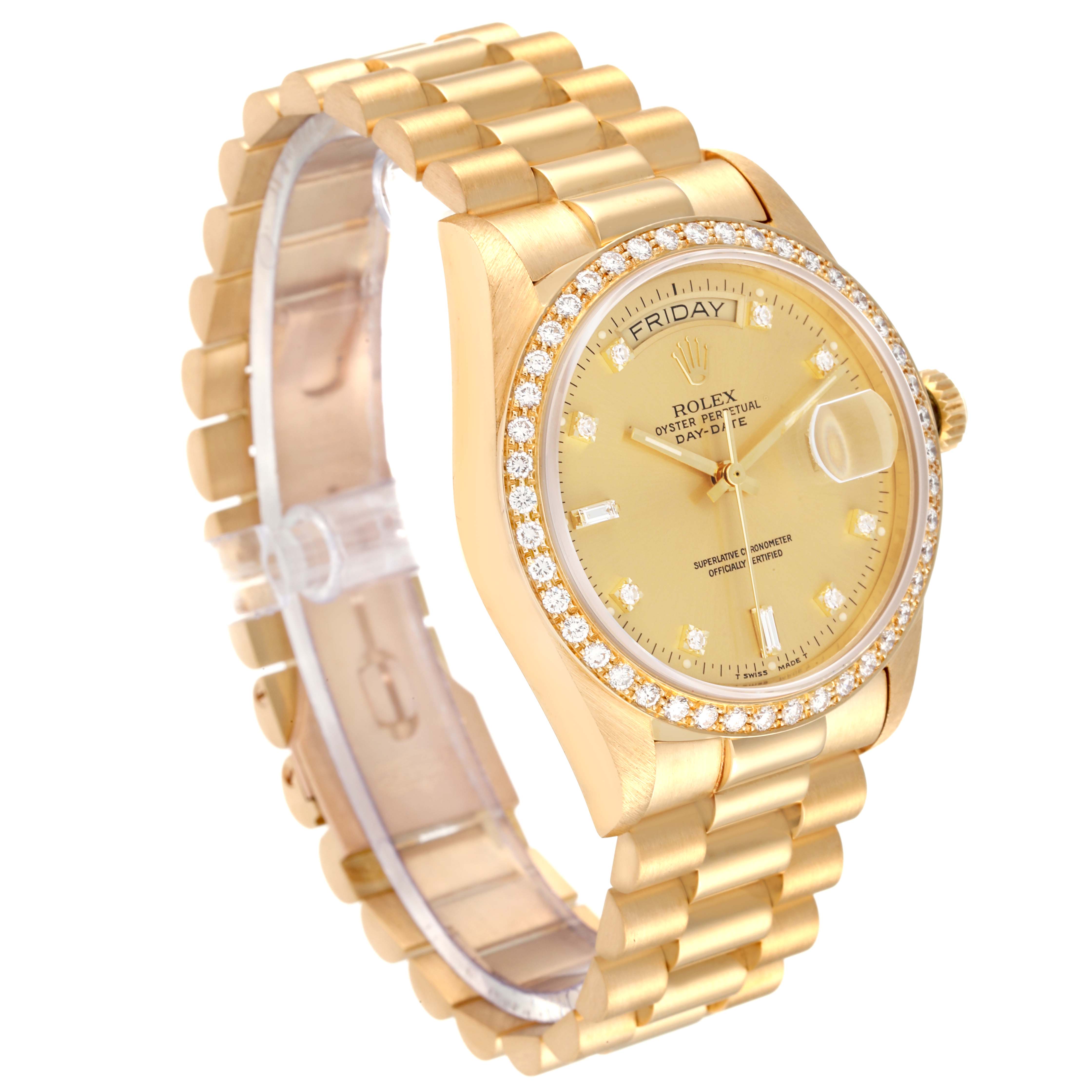 This image shows a Rolex President 18048 Men
s Yellow Gold Champagne Dial 18048 Men
s Yellow Gold Champagne Dial model watch from a three-quarter angle, highlighting the face, bezel, and bracelet.