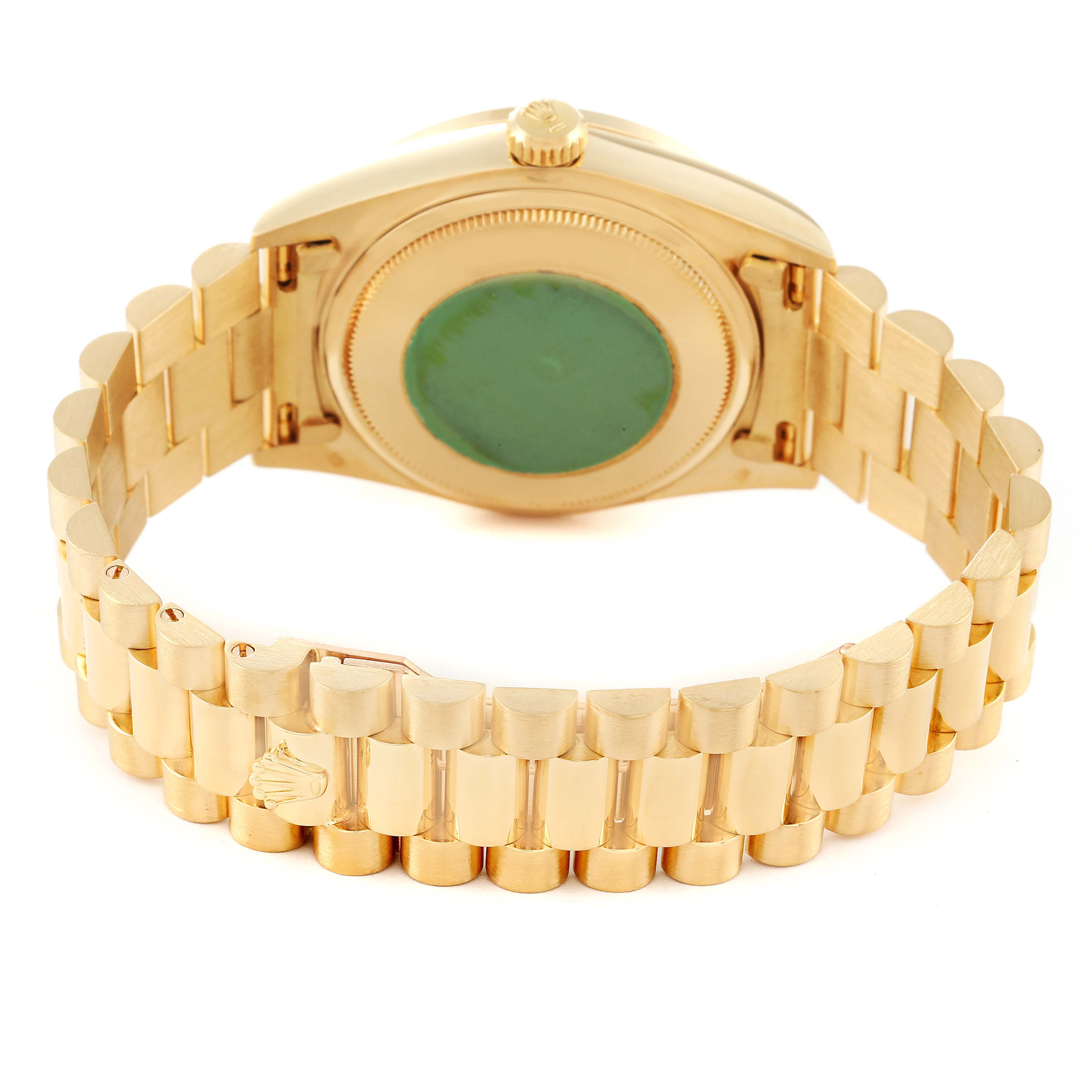 The image shows the back view of the Rolex President 18048 Men
s Yellow Gold Champagne Dial 18048 Men
s Yellow Gold Champagne Dial model watch, highlighting the clasp and bracelet.