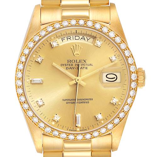 The image shows a front view of a Rolex President model watch, highlighting the gold face, diamond bezel, and bracelet.