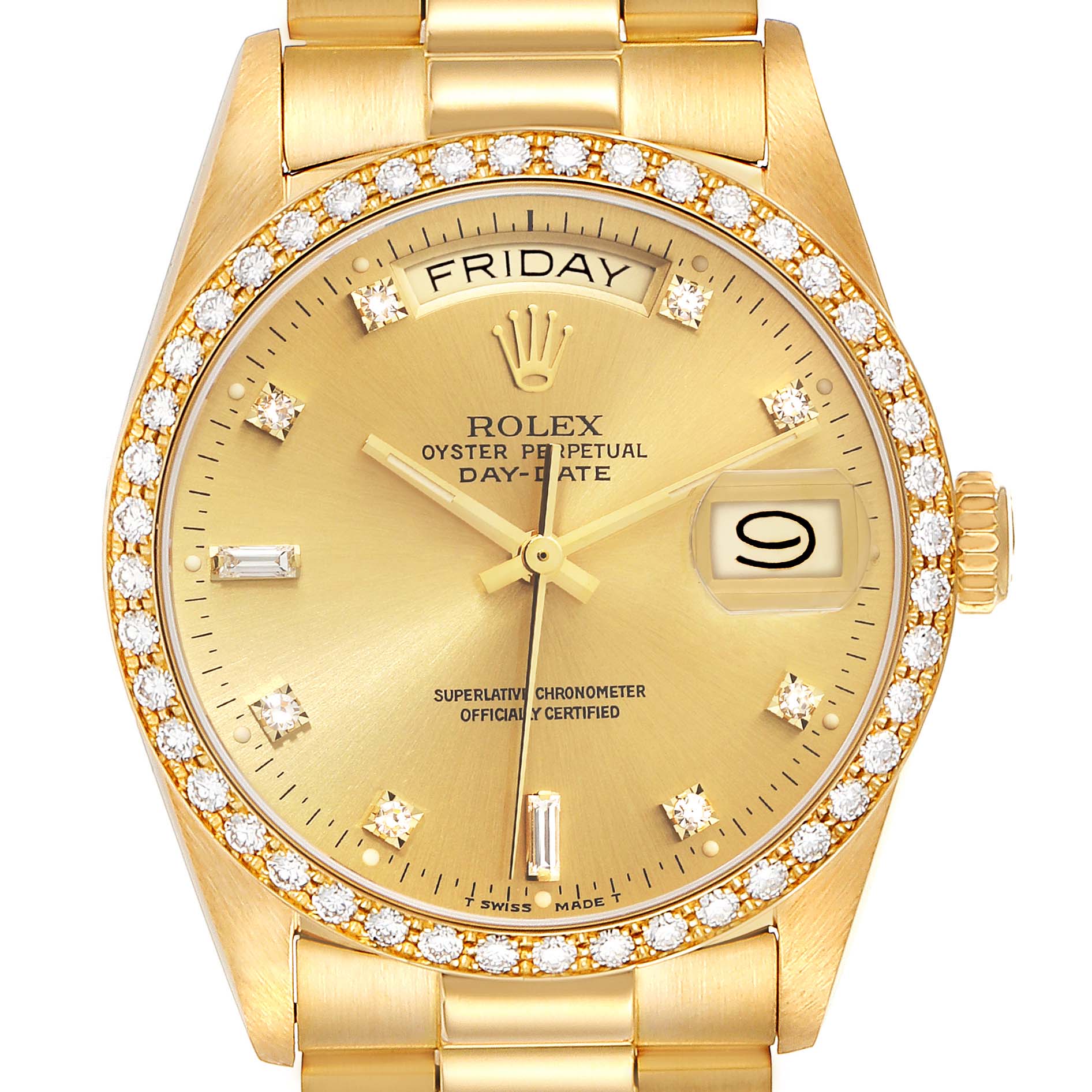 The image shows a close-up view of the Rolex President 18048 Men
s Yellow Gold Champagne Dial 18048 Men
s Yellow Gold Champagne Dial Day-Date watch face, bezel, and part of the bracelet.