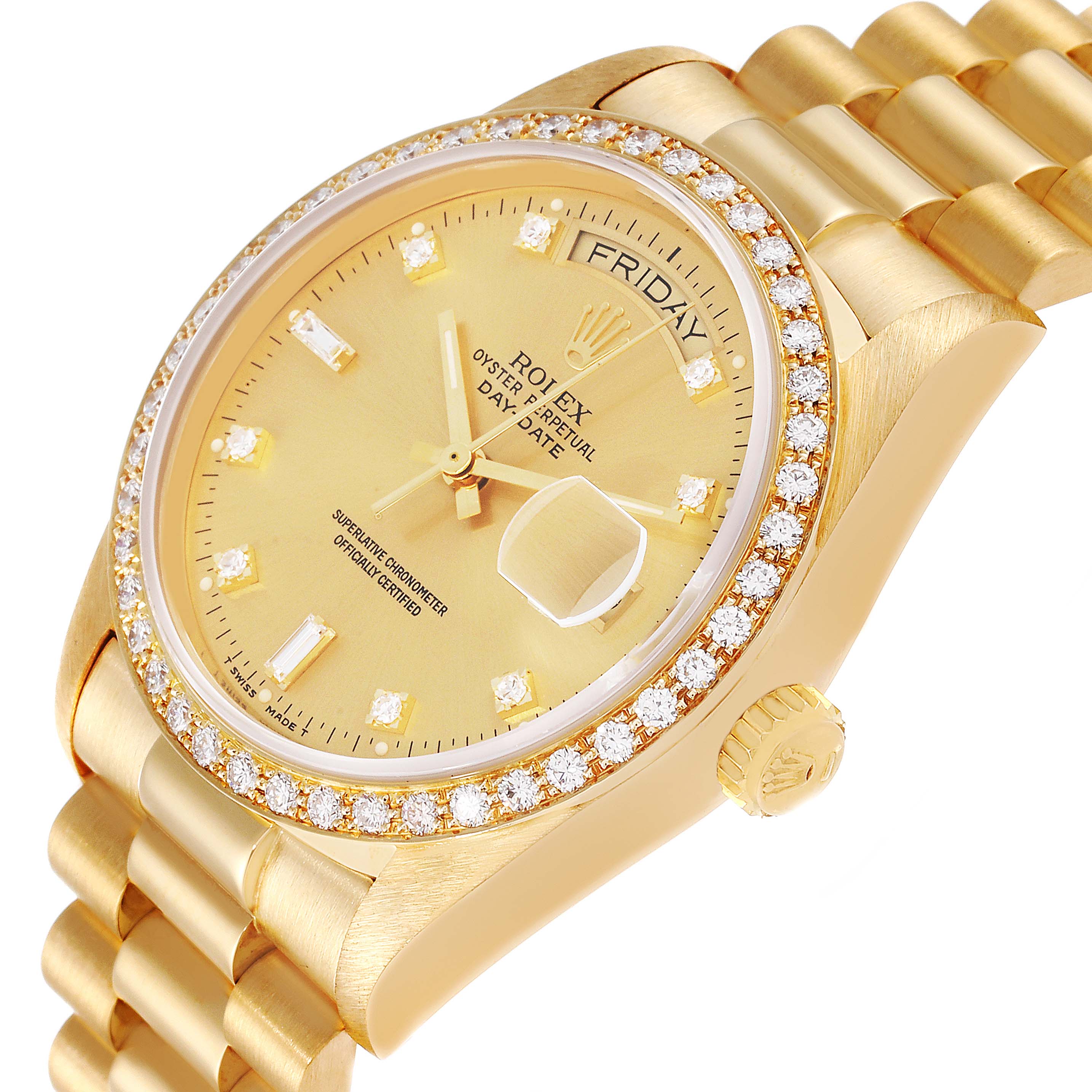 The image shows a gold Rolex President 18048 Men
s Yellow Gold Champagne Dial 18048 Men
s Yellow Gold Champagne Dial watch at an angle highlighting its dial, bezel, and part of its bracelet.