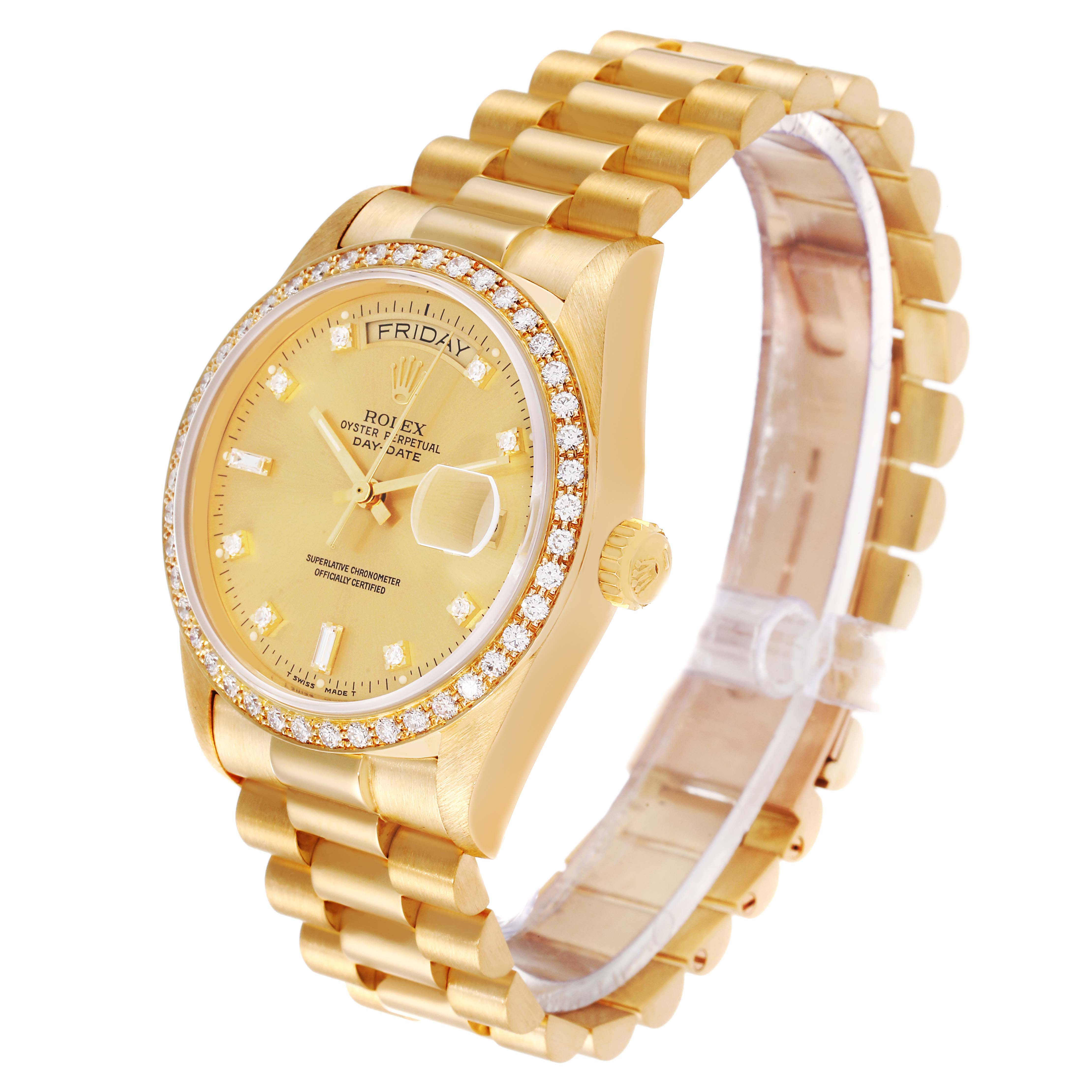 This image shows a side angle of the Rolex President 18048 Men
s Yellow Gold Champagne Dial 18048 Men
s Yellow Gold Champagne Dial model, highlighting the face, bezel, and bracelet.