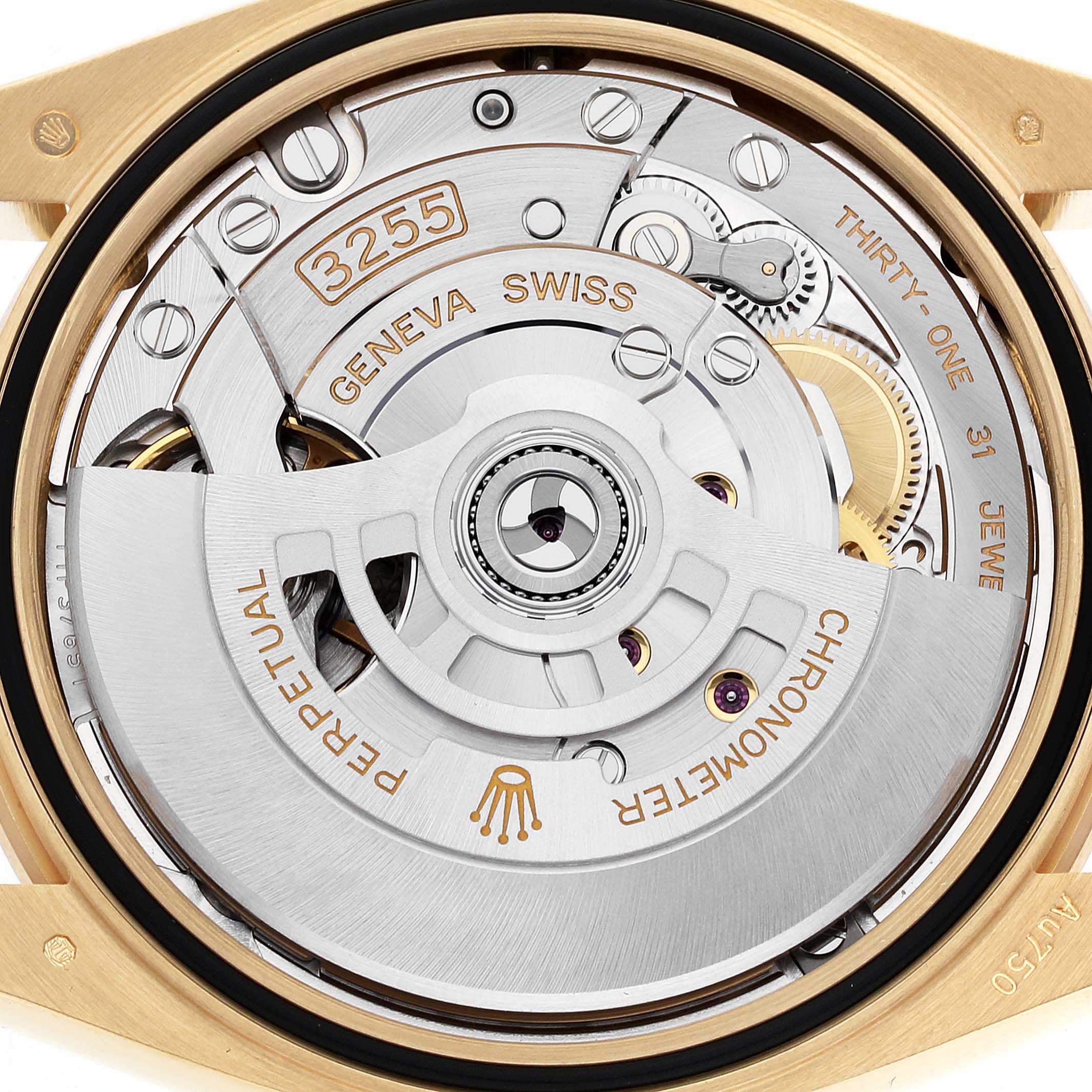 This is a close-up image of the movement mechanism of the Rolex President 128348RBR Men's Yellow Gold Green Dial 128348RBR Men's Yellow Gold Green Dial model watch, showcasing the intricate inner workings.