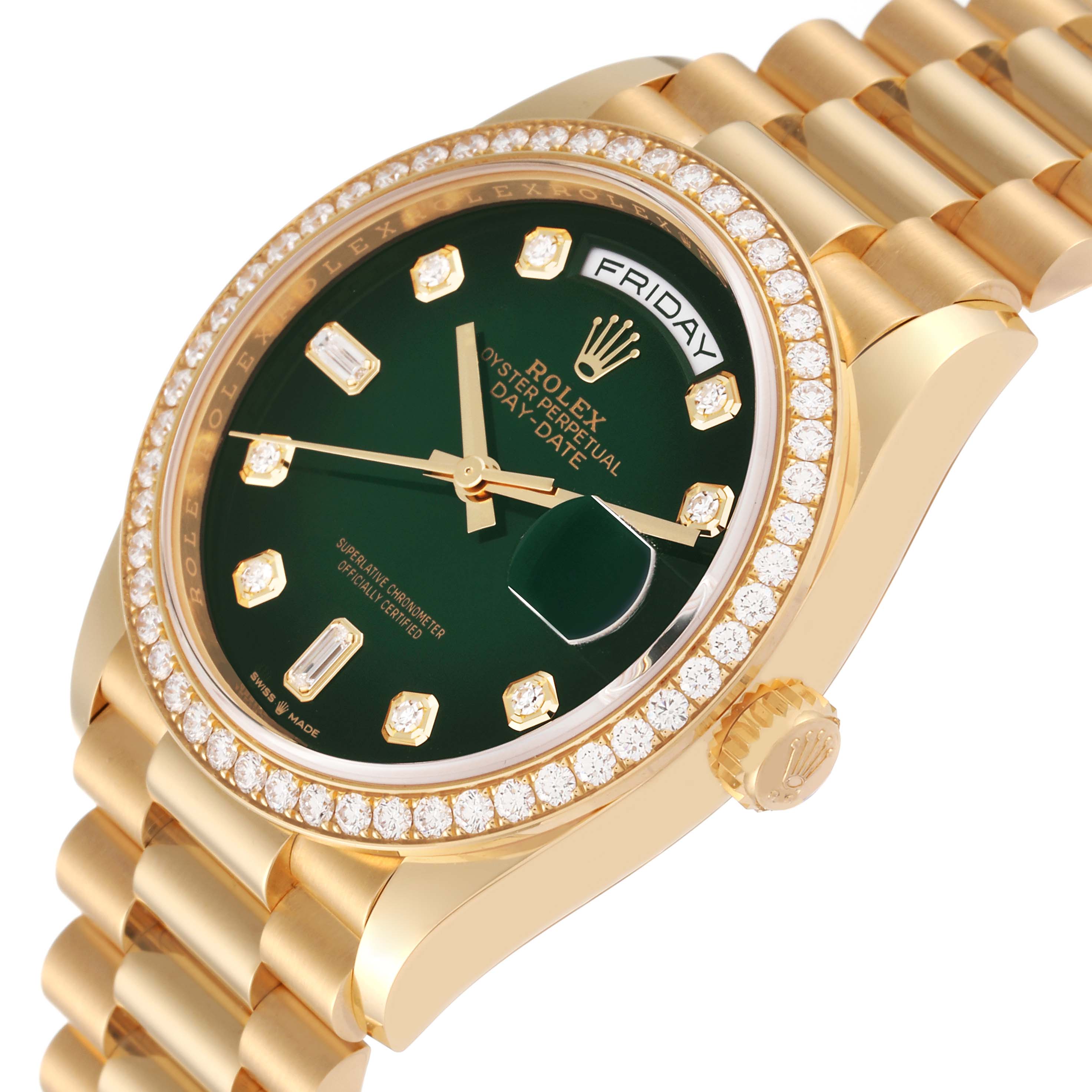 The Rolex President 128348RBR Men's Yellow Gold Green Dial 128348RBR Men's Yellow Gold Green Dial model watch is shown at a slight angle, highlighting its green dial, gold case, diamond bezel, and bracelet.