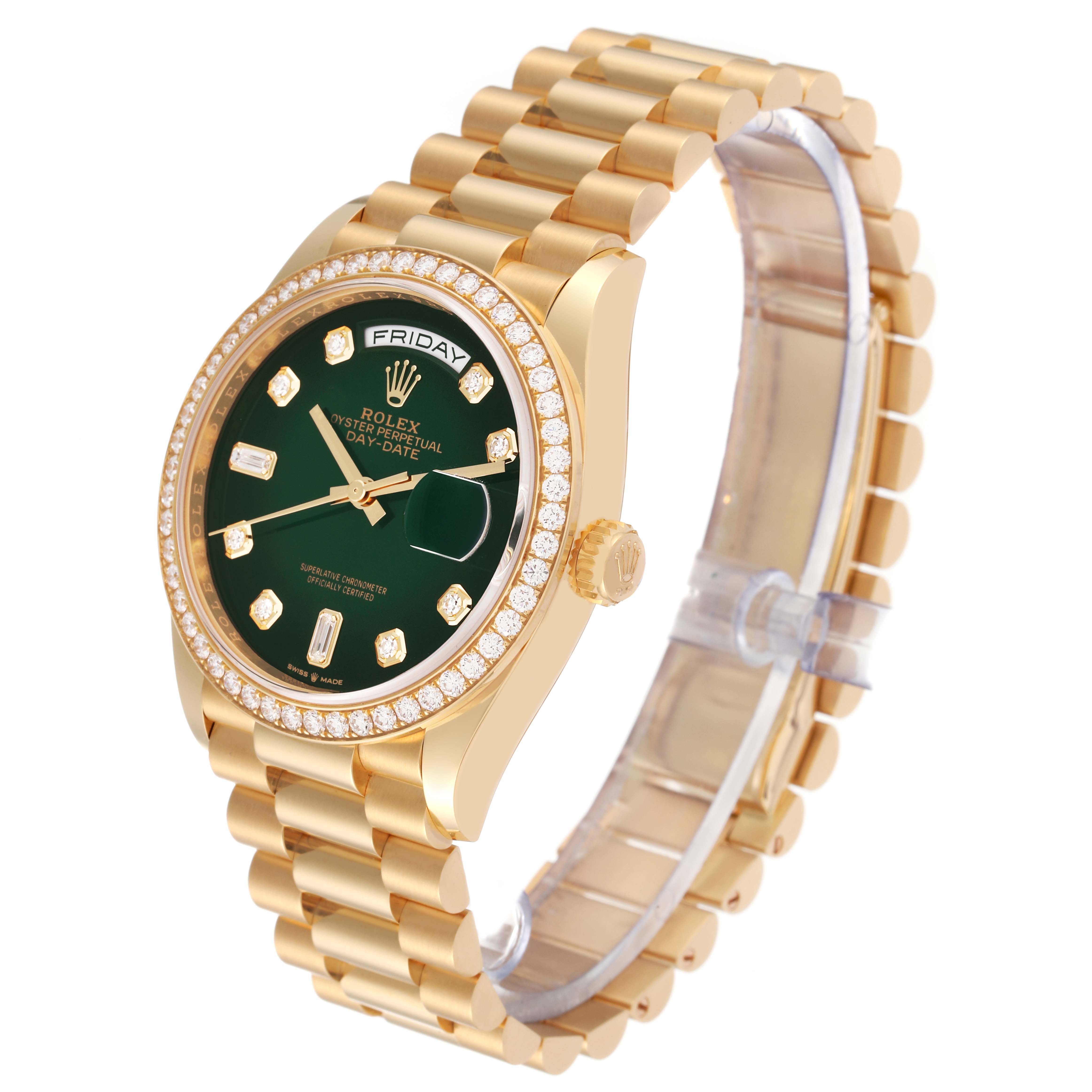 The Rolex President 128348RBR Men's Yellow Gold Green Dial 128348RBR Men's Yellow Gold Green Dial model watch is shown at a slight angle, displaying the dial, bracelet, and crown.