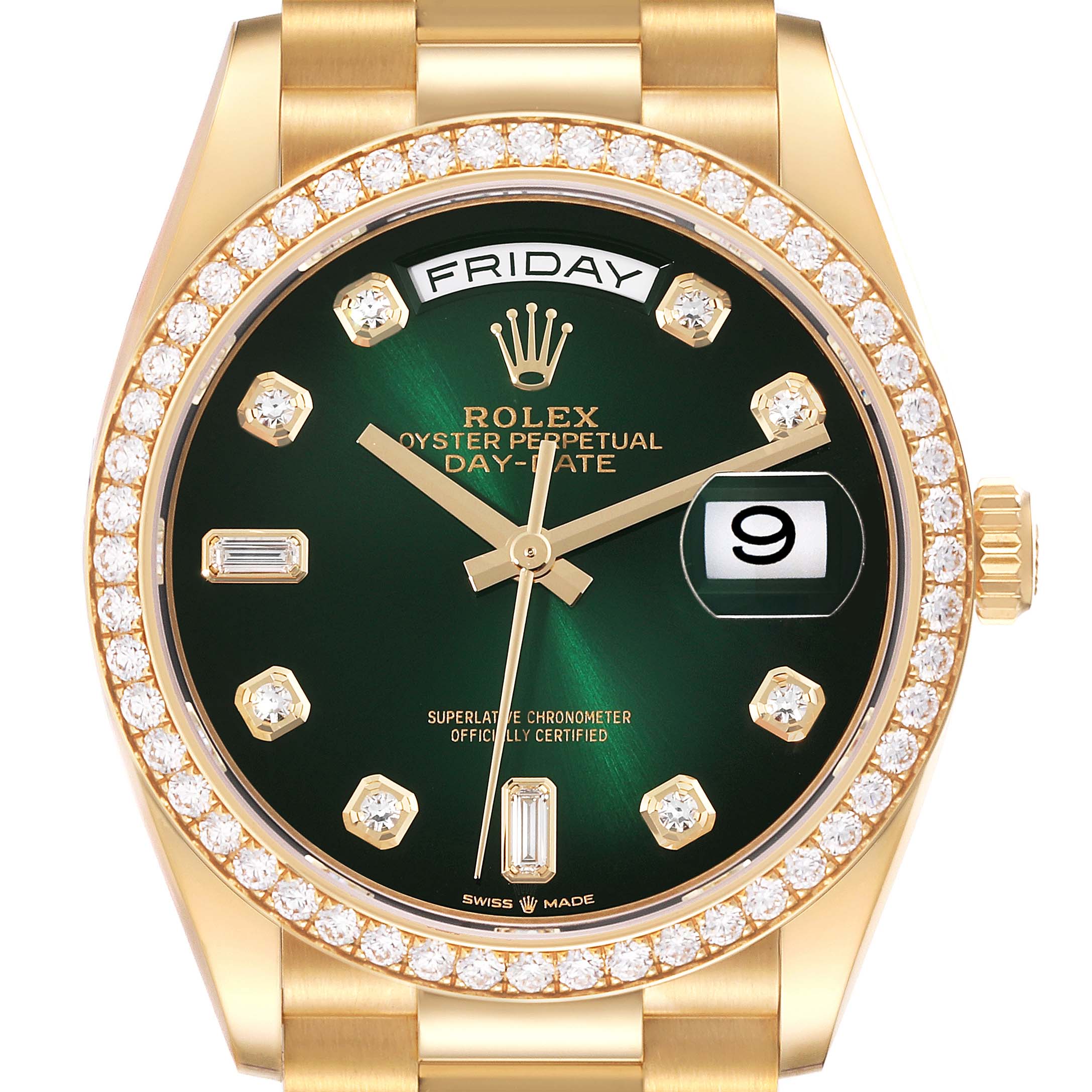 The image shows the face of a Rolex President 128348RBR Men's Yellow Gold Green Dial 128348RBR Men's Yellow Gold Green Dial model, displaying the day, date, diamond hour markers, and gold bracelet.