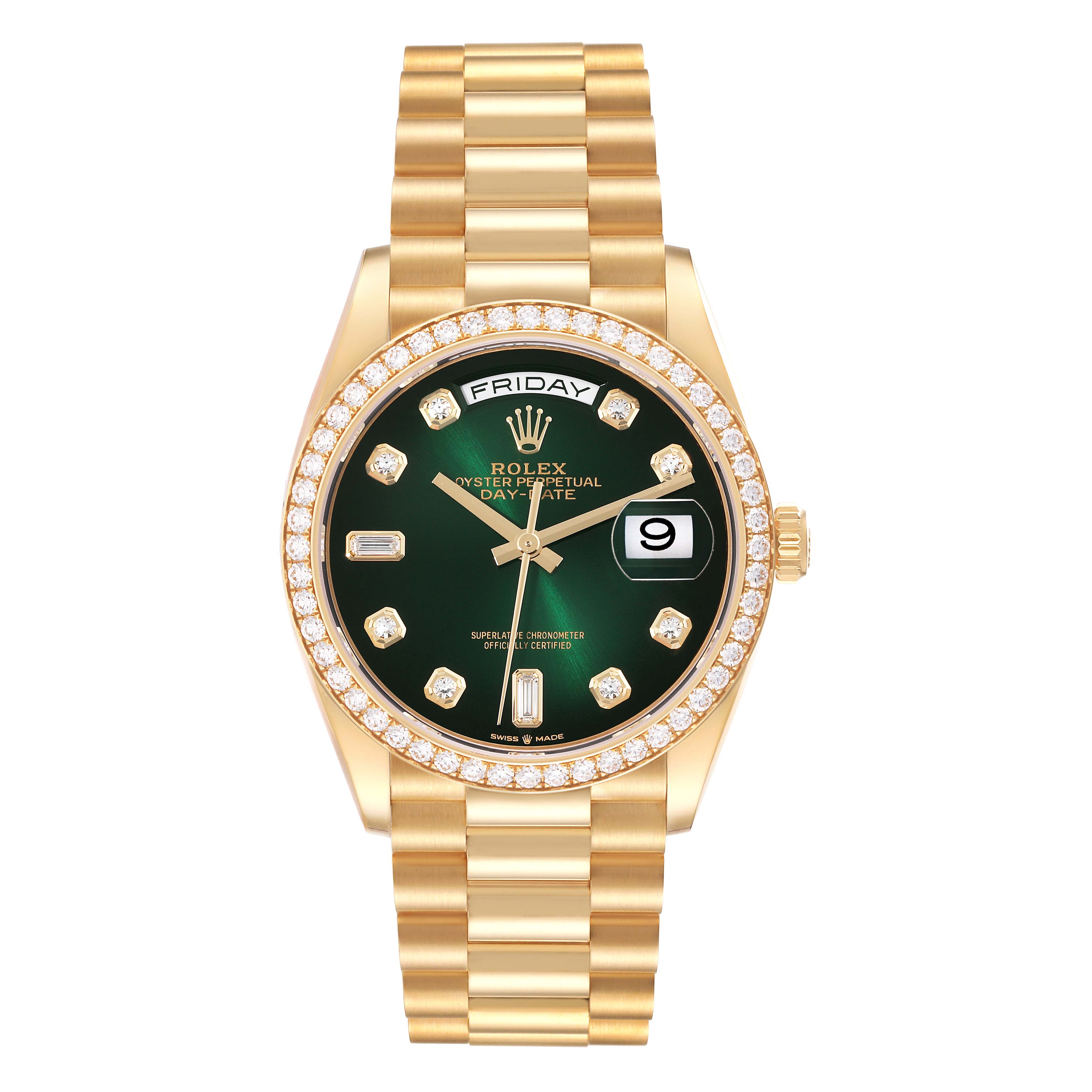 This image shows a Rolex President 128348RBR Men's Yellow Gold Green Dial 128348RBR Men's Yellow Gold Green Dial model watch from a front angle, highlighting its green dial, gold band, and diamond accents.