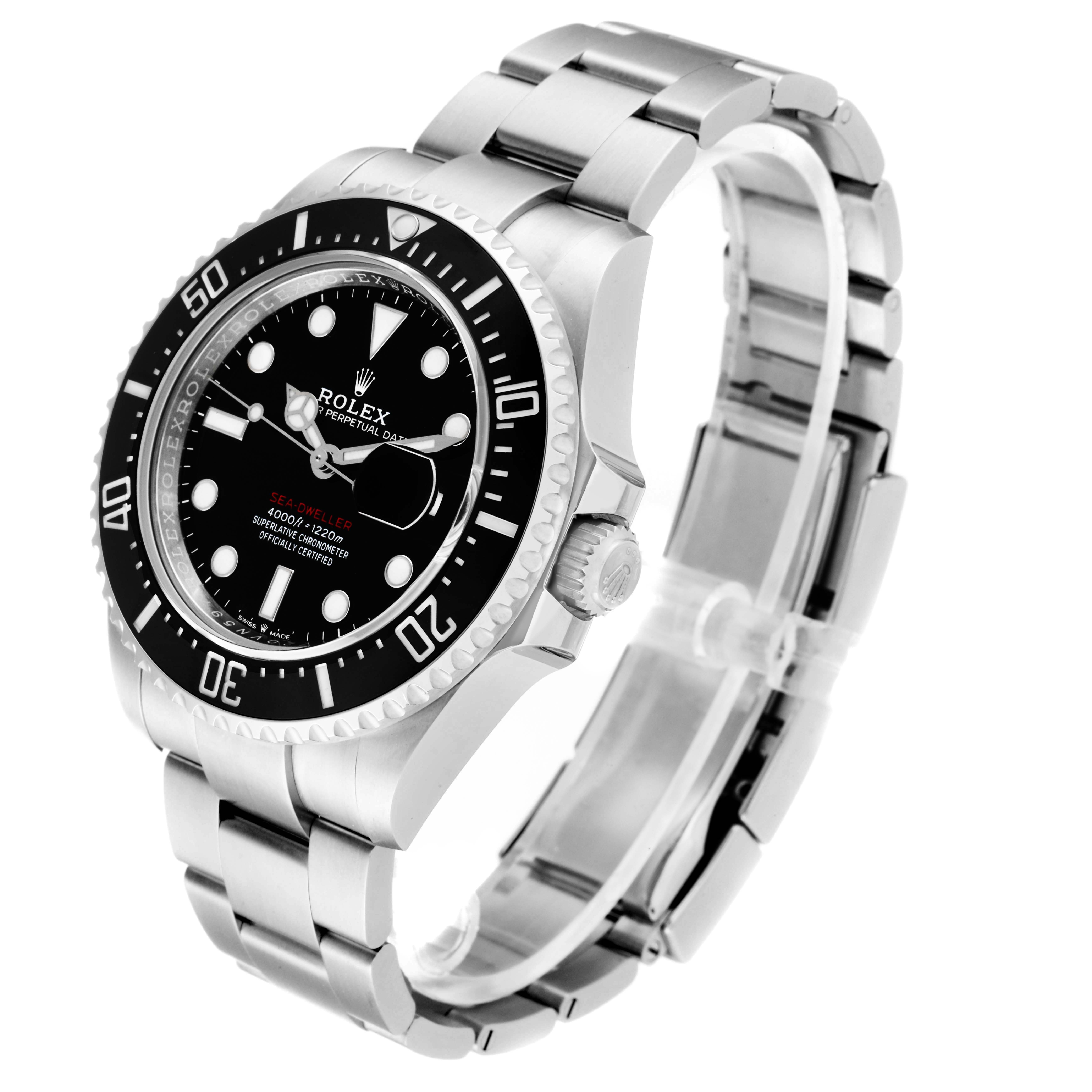 The image shows a Rolex Sea-Dweller 126600 Men
s Stainless Steel Black Dial 126600 Men
s Stainless Steel Black Dial watch from an angled perspective, highlighting the bezel, dial, crown, and bracelet.