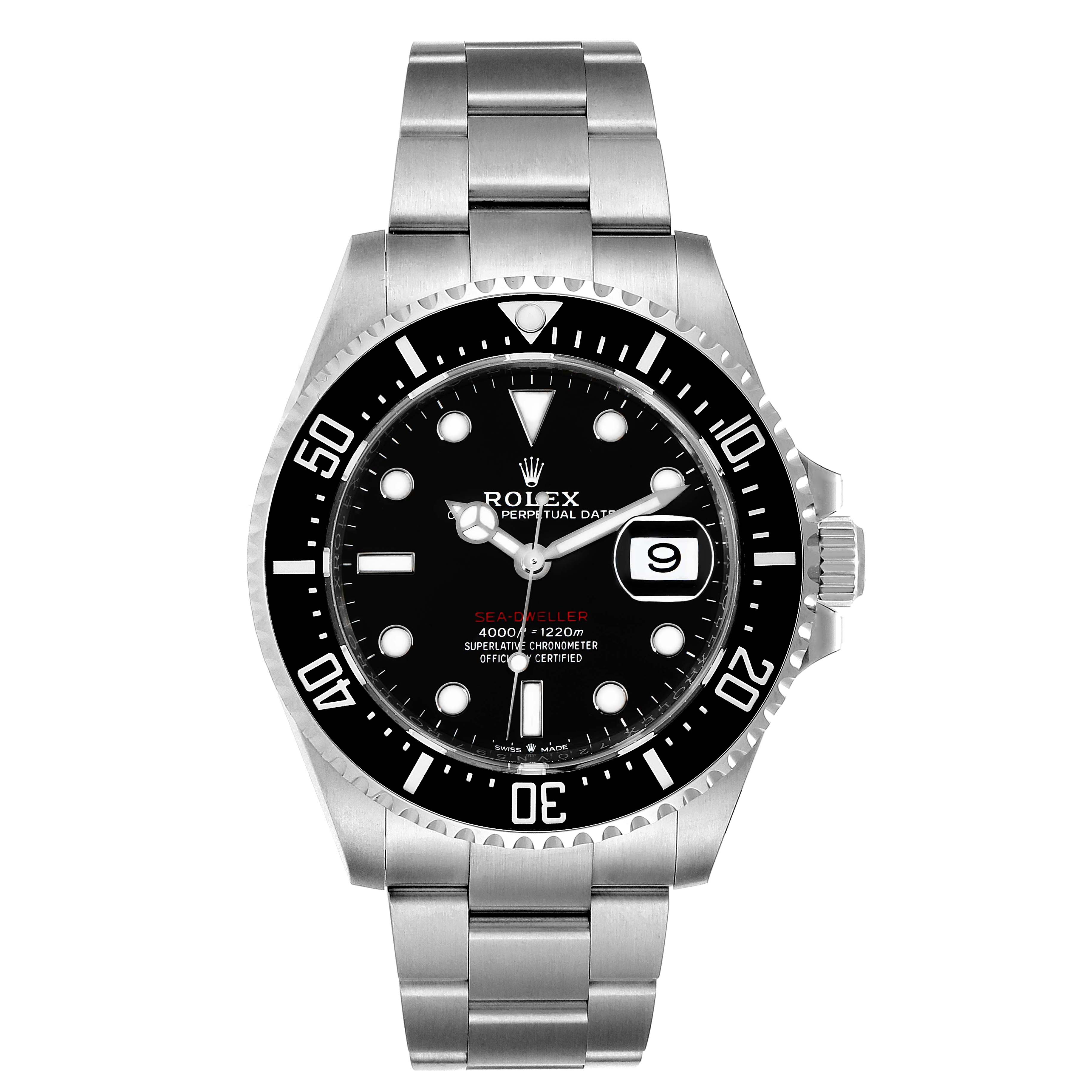The image shows a front view of the Rolex Sea-Dweller 126600 Men
s Stainless Steel Black Dial 126600 Men
s Stainless Steel Black Dial watch displaying its bezel, dial, and stainless steel bracelet.