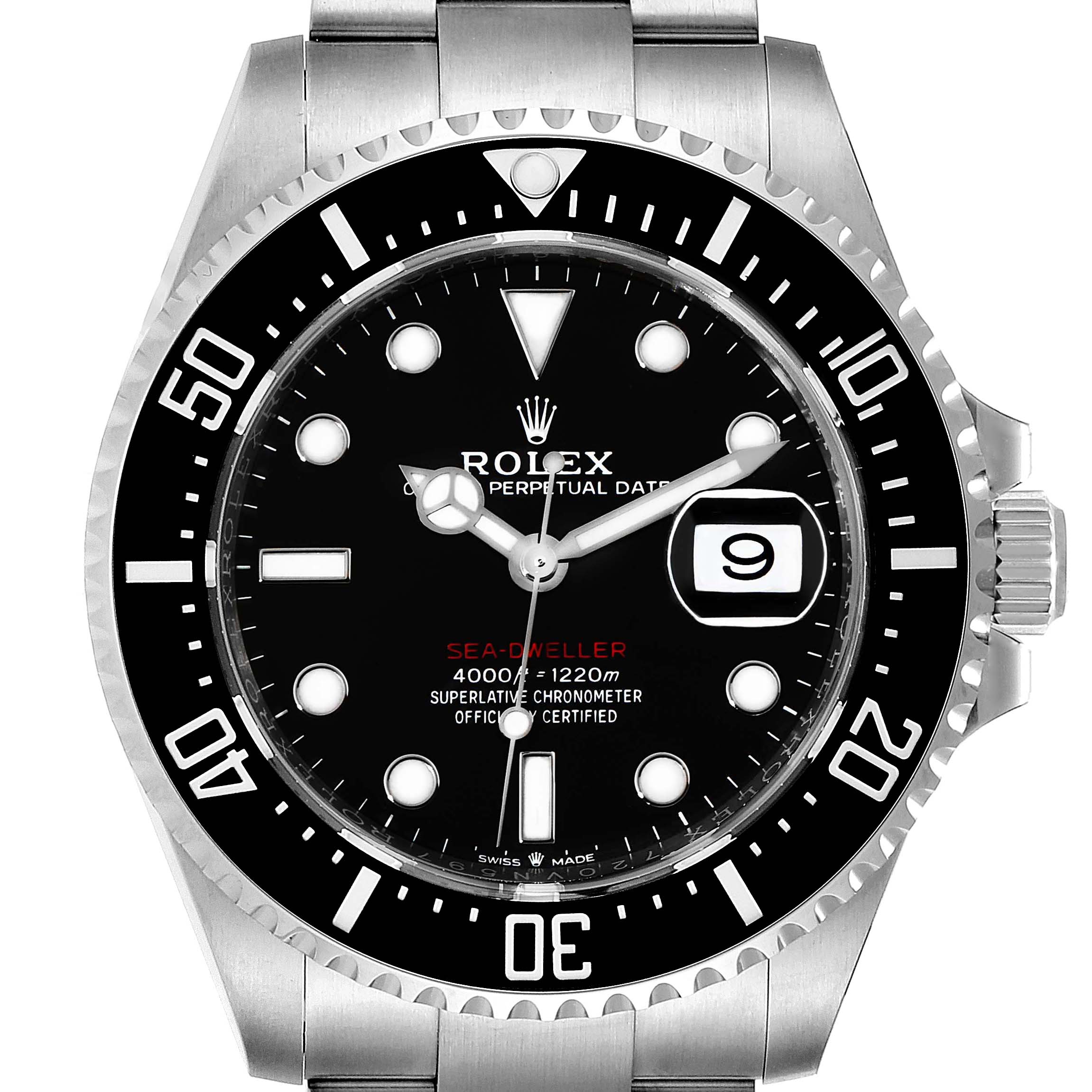 This image shows a front view of the Rolex Sea-Dweller 126600 Men
s Stainless Steel Black Dial 126600 Men
s Stainless Steel Black Dial watch, displaying its dial, bezel, and part of its bracelet.