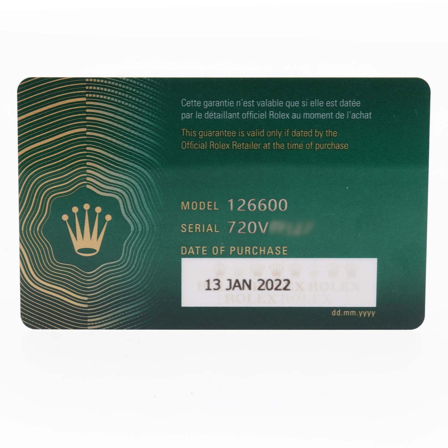 This image shows a guarantee card for the Rolex Sea-Dweller 126600 Men
s Stainless Steel Black Dial 126600 Men
s Stainless Steel Black Dial model 126600 with a purchase date of 13 Jan 2022.