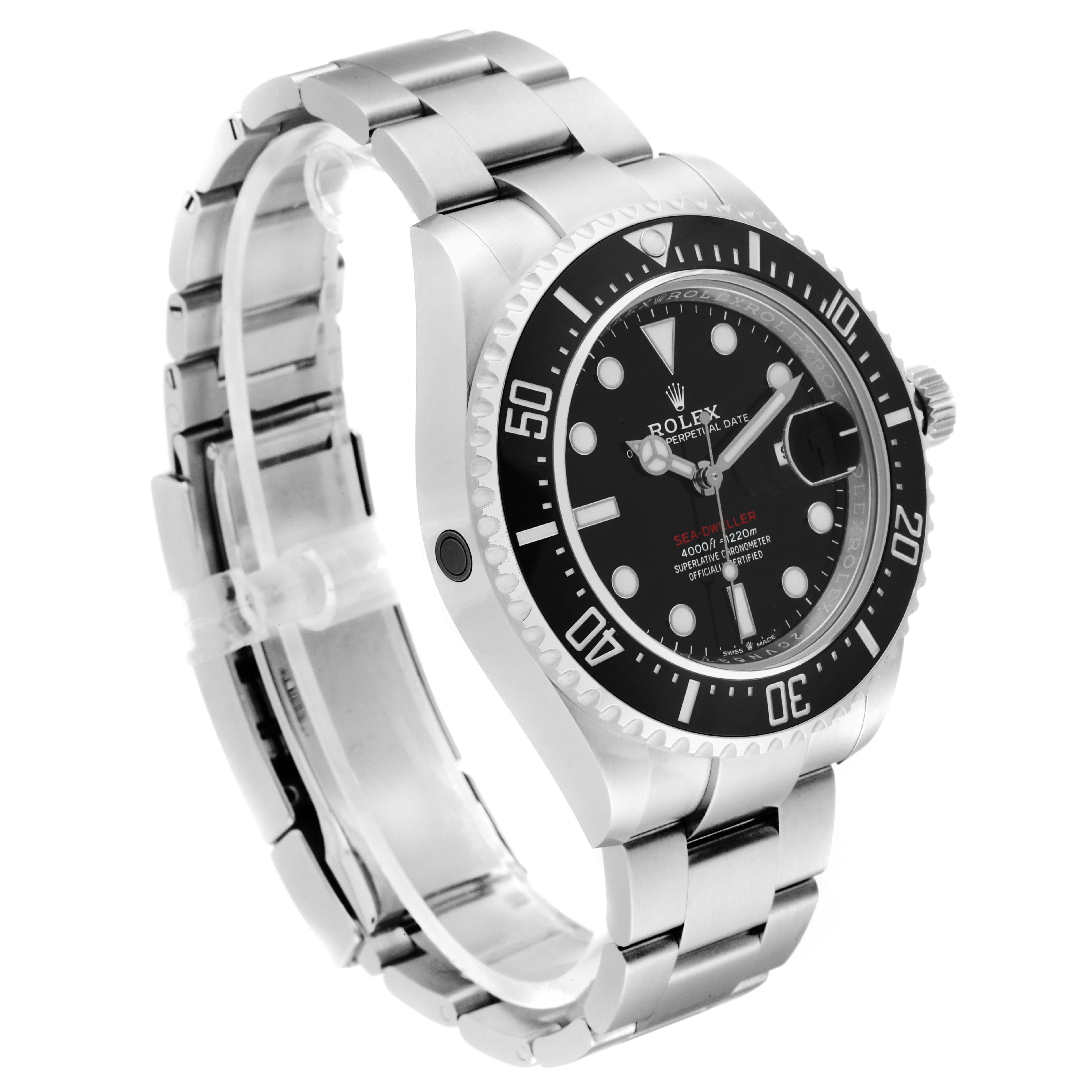The Rolex Sea-Dweller 126600 Men
s Stainless Steel Black Dial 126600 Men
s Stainless Steel Black Dial watch is shown at a slight angle, revealing the bezel, dial, and stainless steel bracelet.
