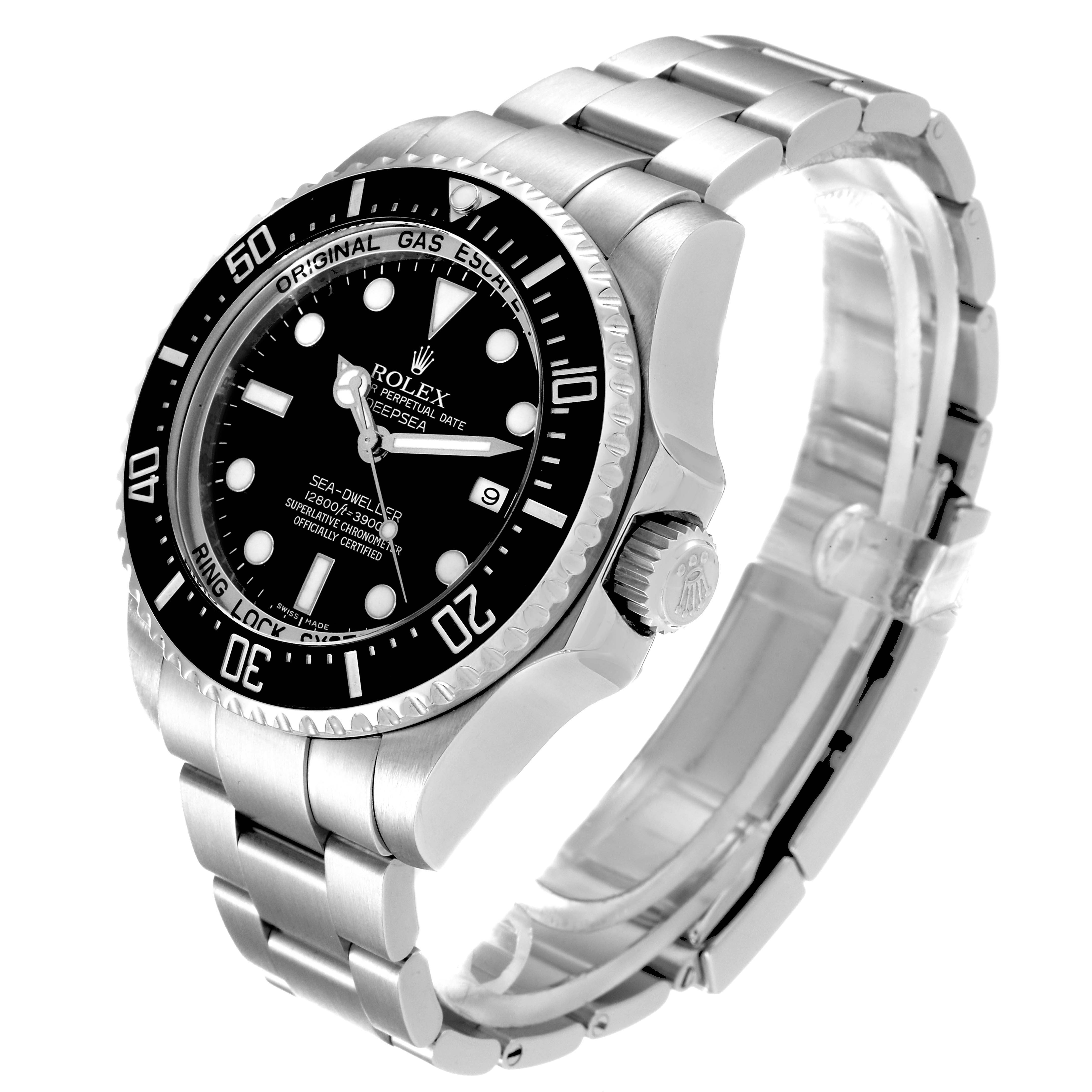 The Rolex Sea-Dweller 116660 Men
s Stainless Steel Black Dial 116660 Men
s Stainless Steel Black Dial watch is shown at an angle highlighting its face, bezel, crown, and metal bracelet.