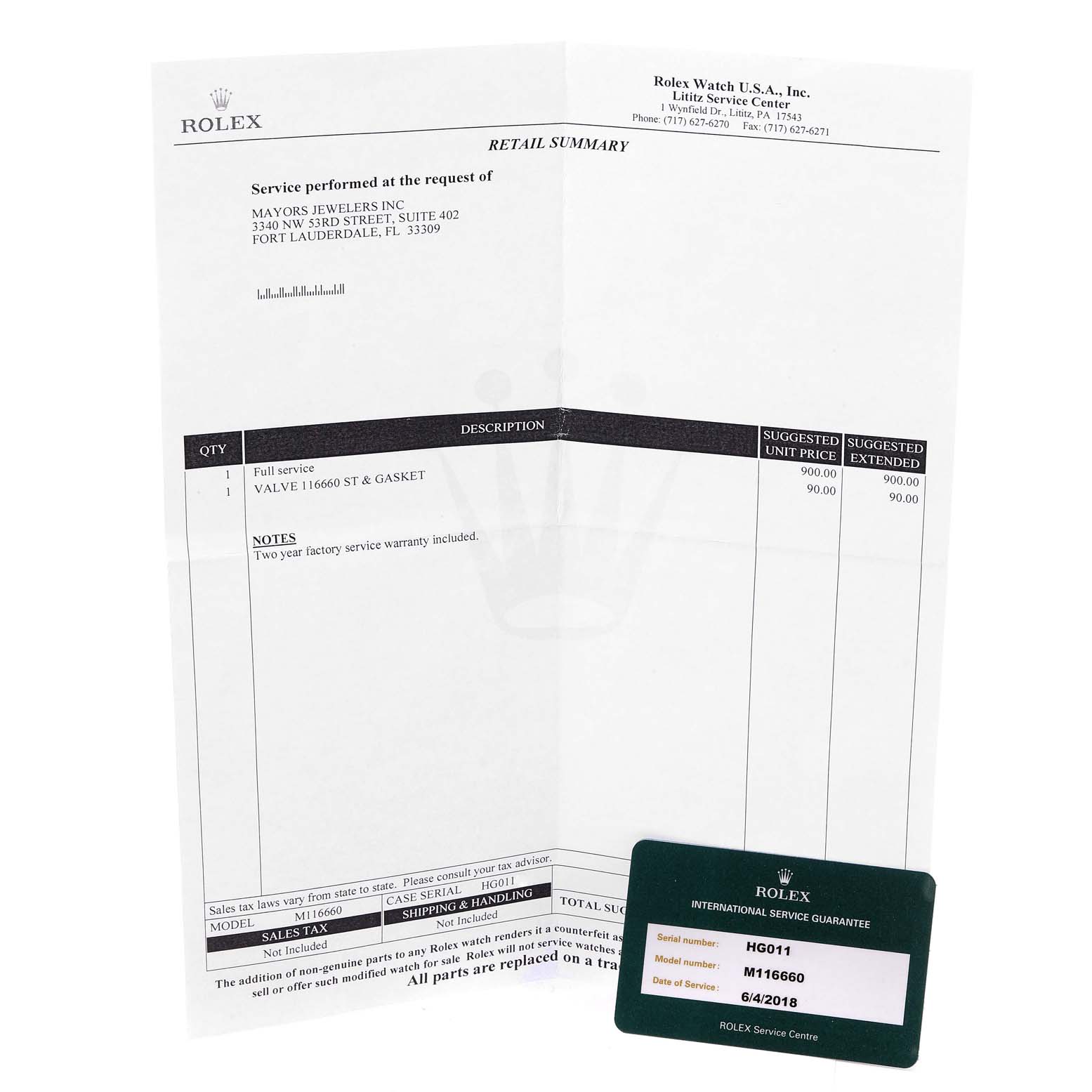 The image shows a retail summary and a warranty card for a Rolex Sea-Dweller 116660 Men
s Stainless Steel Black Dial 116660 Men
s Stainless Steel Black Dial model M116660.