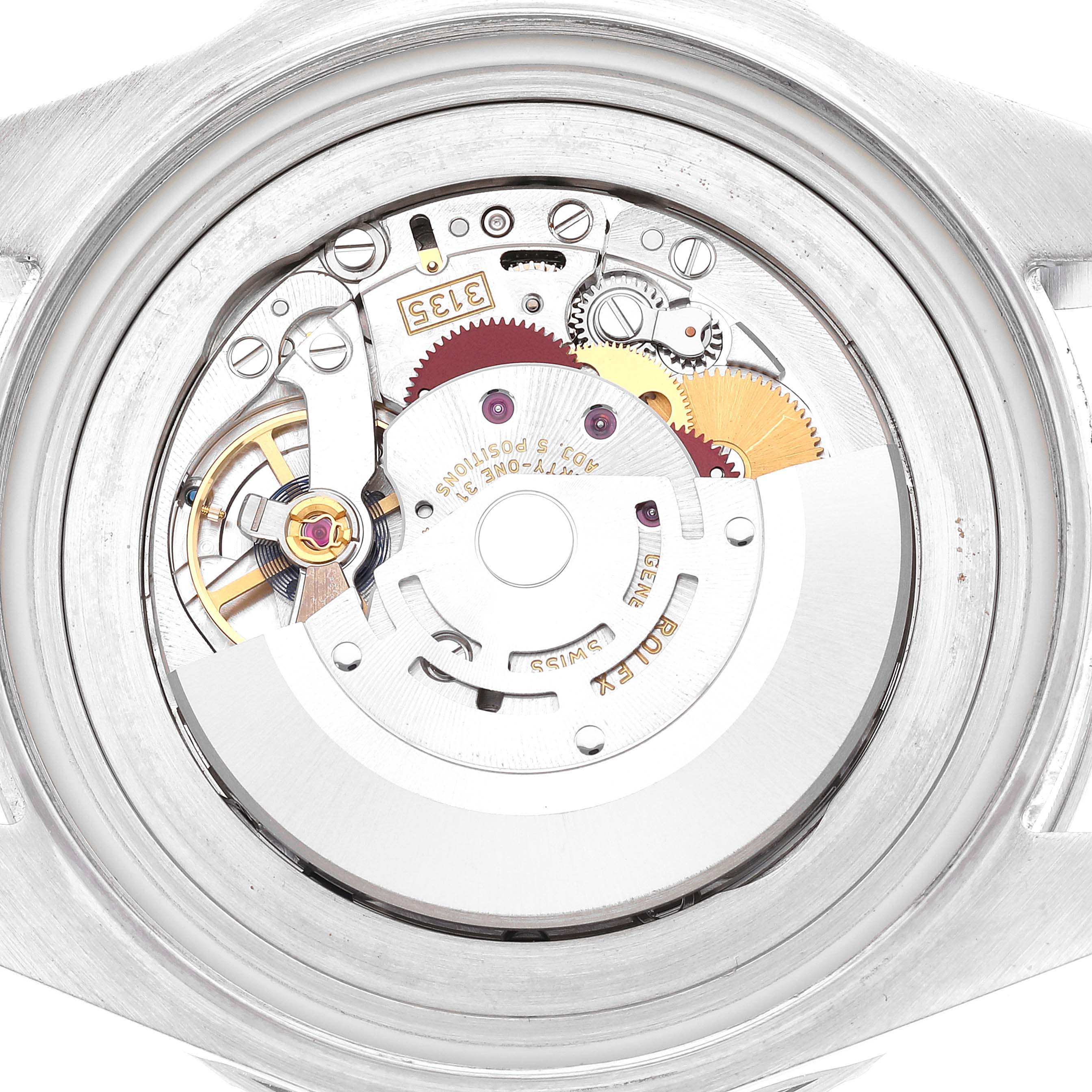 The image shows the internal mechanisms and movement of the Rolex Sea-Dweller 116660 Men
s Stainless Steel Black Dial 116660 Men
s Stainless Steel Black Dial watch, viewed from the back.