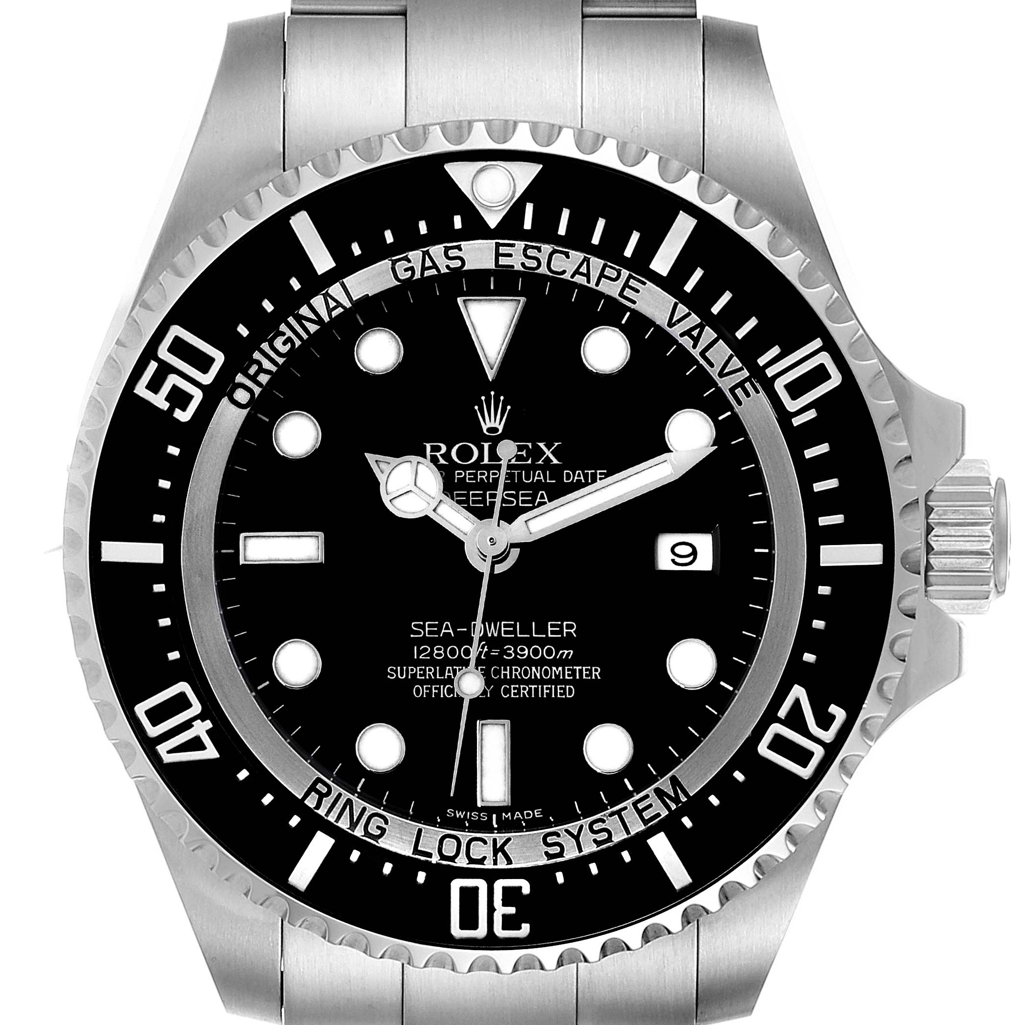 The image shows a front view of a Rolex Sea-Dweller 116660 Men
s Stainless Steel Black Dial 116660 Men
s Stainless Steel Black Dial watch, highlighting its dial, bezel, and part of the stainless steel bracelet.