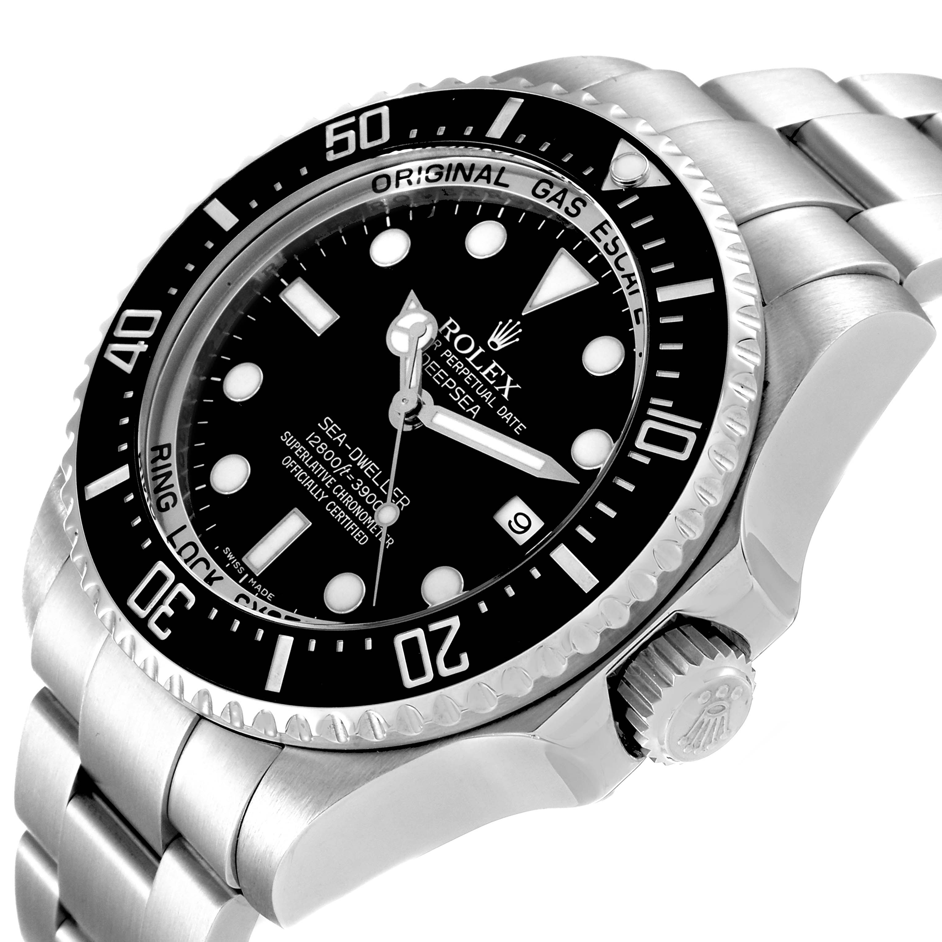 The image shows a close-up angle of the Rolex Sea-Dweller 116660 Men
s Stainless Steel Black Dial 116660 Men
s Stainless Steel Black Dial watch displaying its dial, bezel, crown, and bracelet.