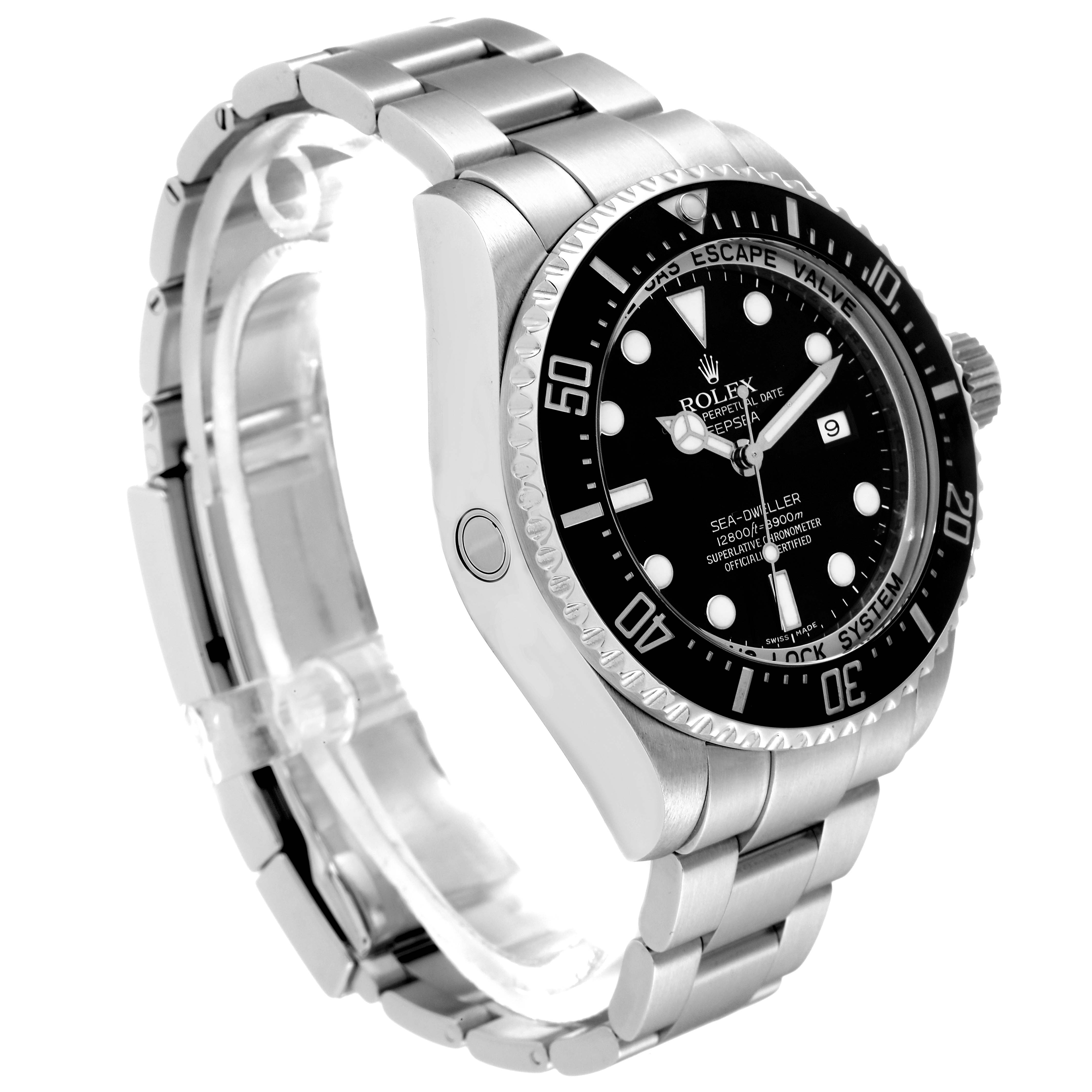 The image shows a Rolex Sea-Dweller 116660 Men
s Stainless Steel Black Dial 116660 Men
s Stainless Steel Black Dial watch from a side angle, highlighting the watch face, bezel, crown, and part of the bracelet.