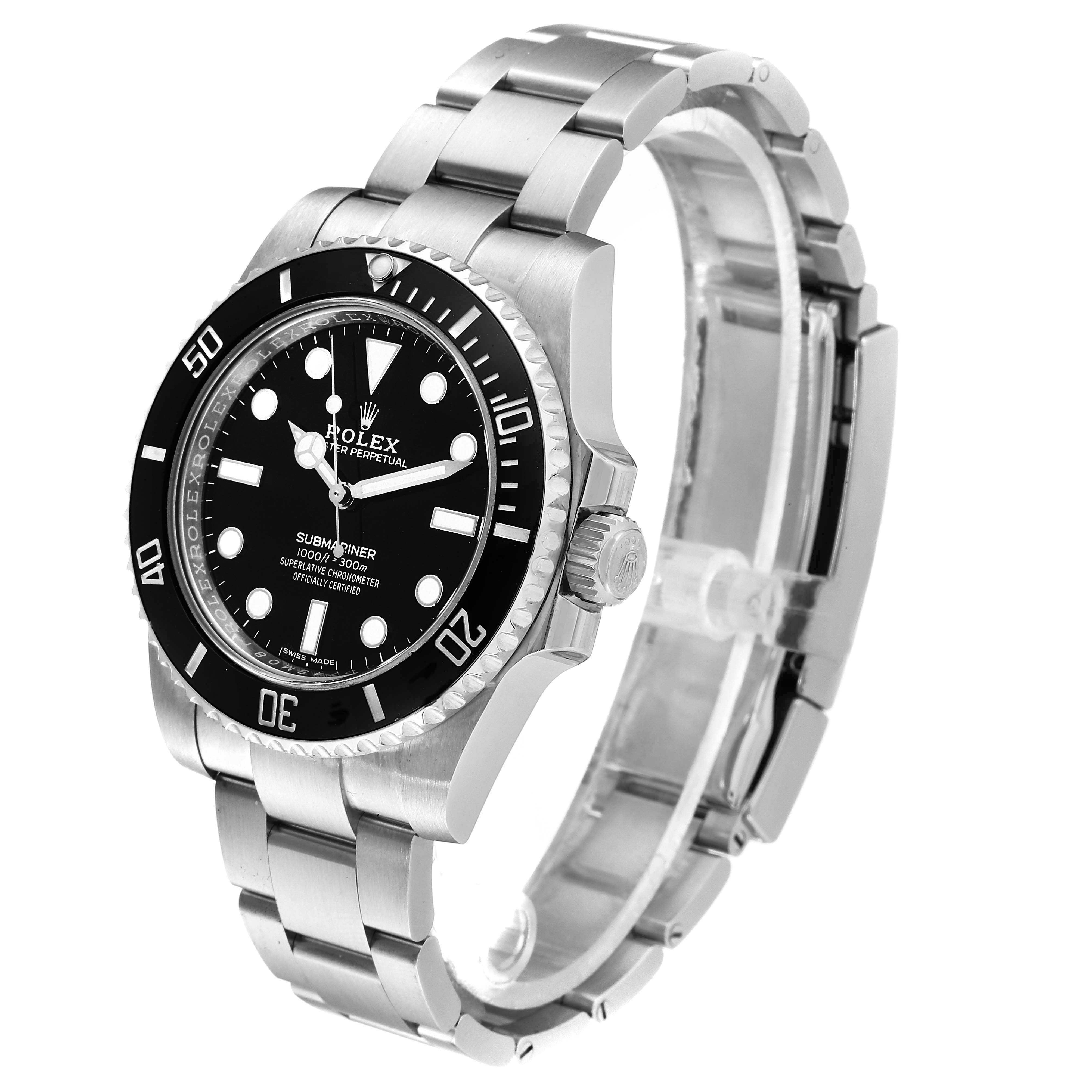 The image shows a side and angled view of a Rolex Submariner 114060 Men
s Stainless Steel Black Dial 114060 Men
s Stainless Steel Black Dial watch, highlighting its dial, bezel, case, and bracelet.