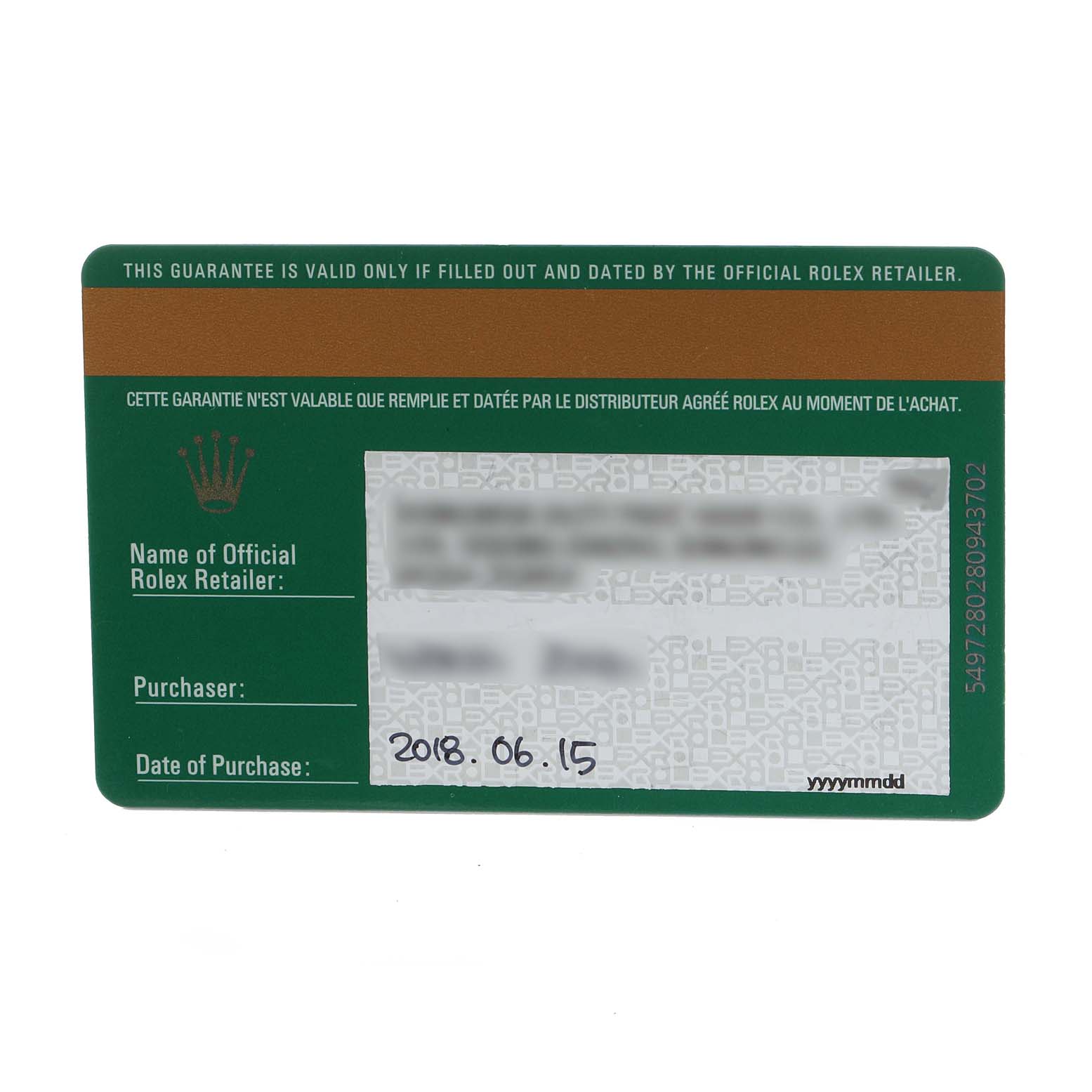 This image shows a Rolex warranty card for the Submariner model, displaying purchase date and retailer information.