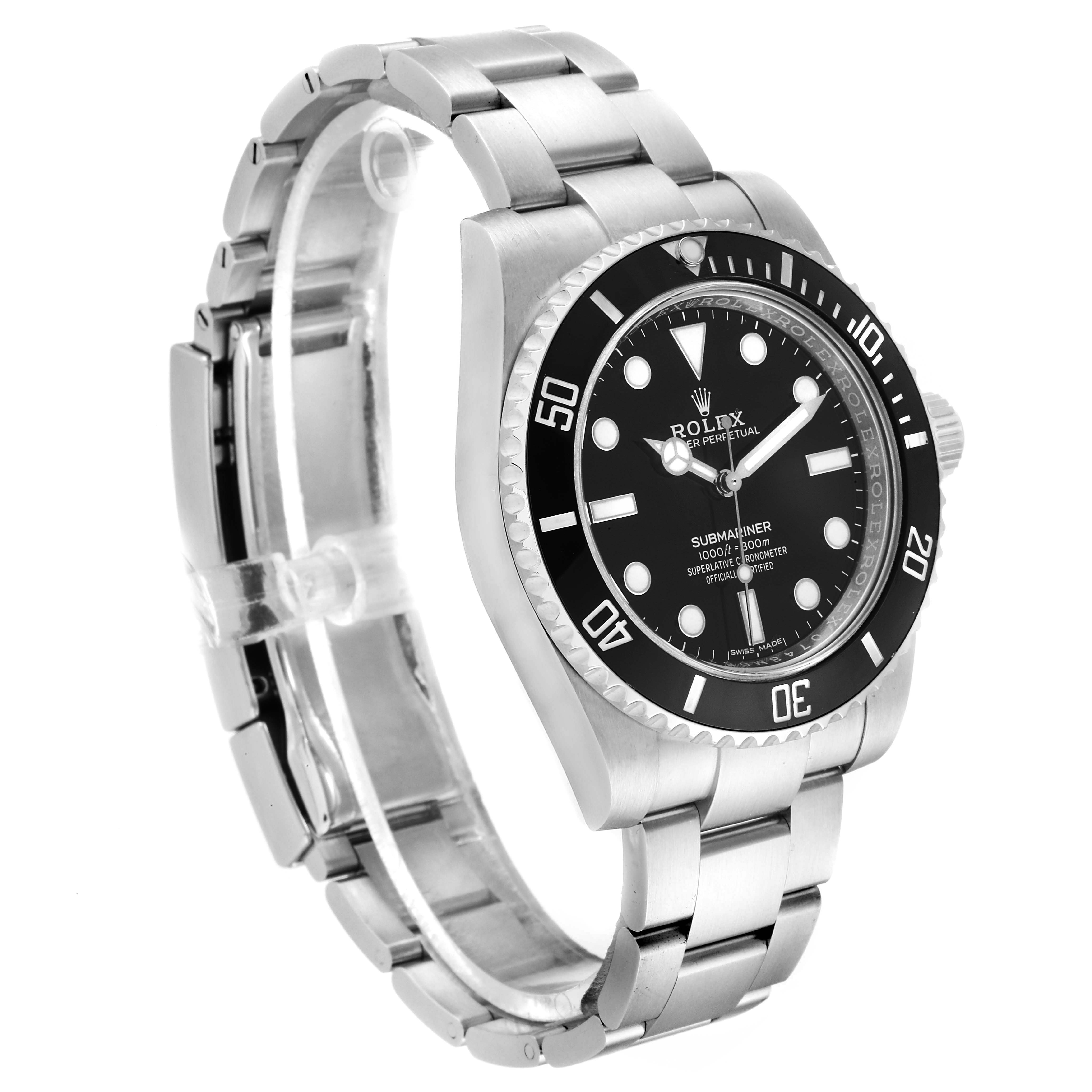 This image shows a side and front angle of a Rolex Submariner 114060 Men
s Stainless Steel Black Dial 114060 Men
s Stainless Steel Black Dial watch, highlighting its bracelet, case, and dial.