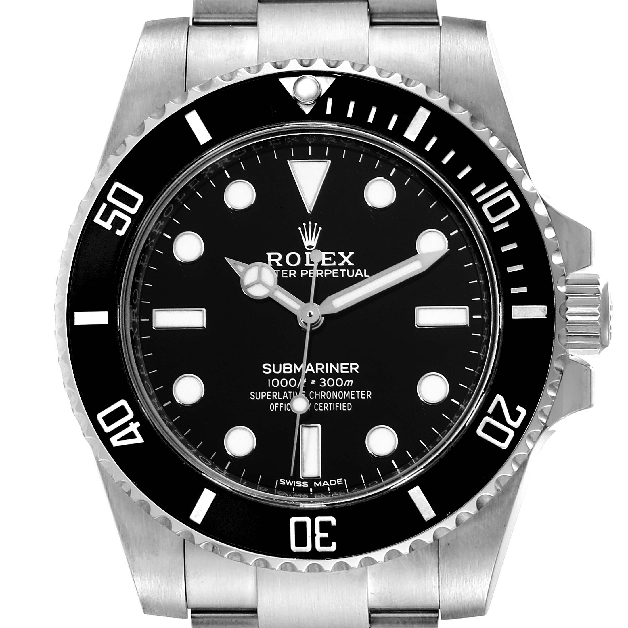 This image shows a front view of the Rolex Submariner 114060 Men
s Stainless Steel Black Dial 114060 Men
s Stainless Steel Black Dial watch, displaying its black dial, bezel, and stainless steel bracelet.