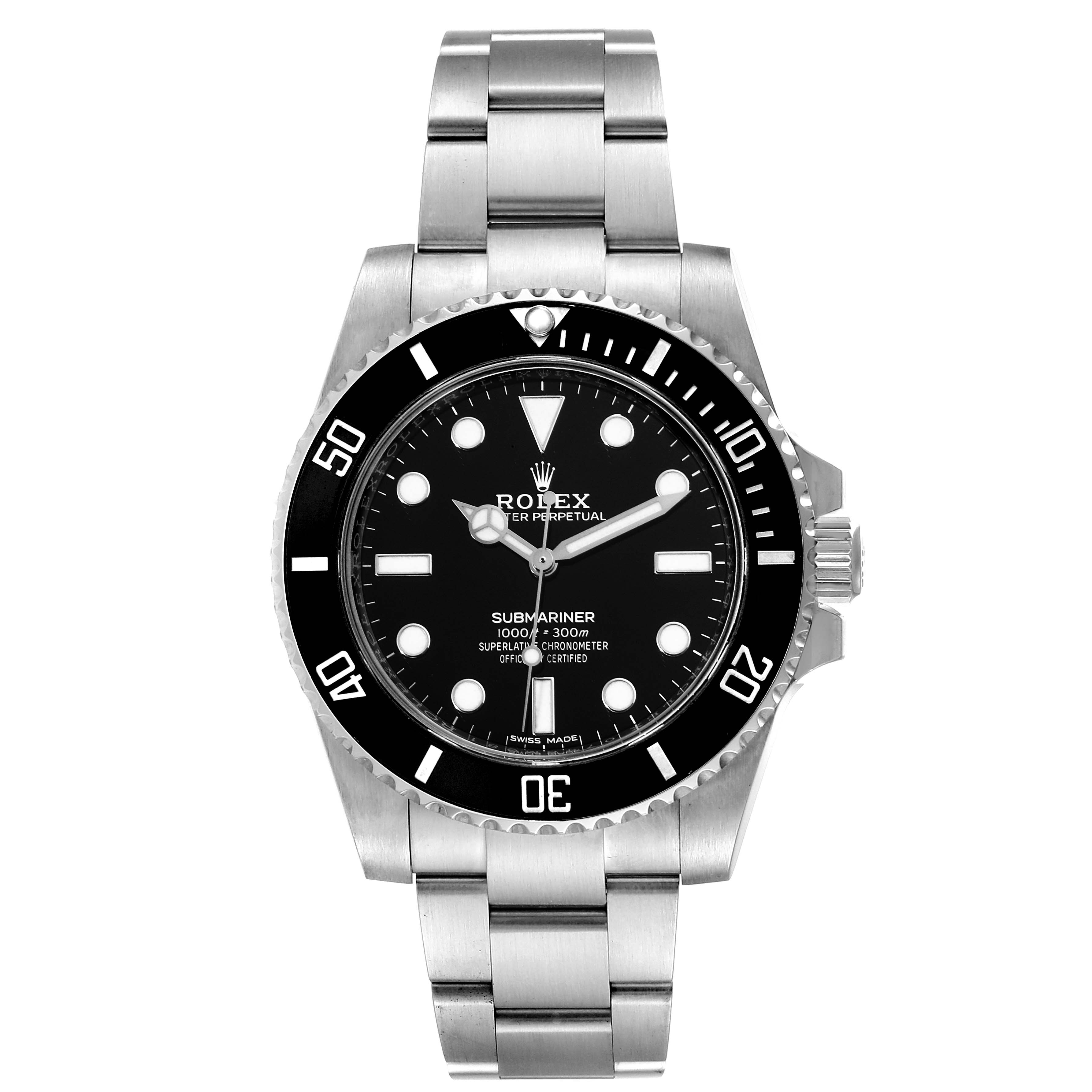 The image shows a front view of a Rolex Submariner 114060 Men
s Stainless Steel Black Dial 114060 Men
s Stainless Steel Black Dial watch, displaying the dial, bezel, and bracelet.