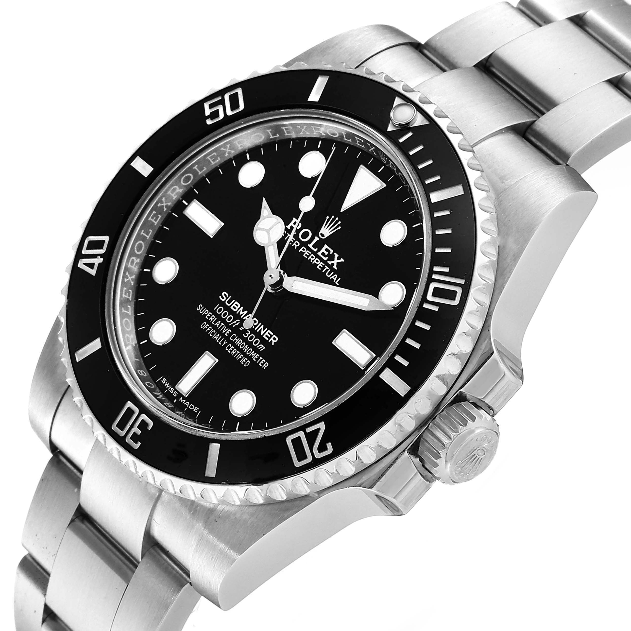 This image shows a close-up angle of the Rolex Submariner 114060 Men
s Stainless Steel Black Dial 114060 Men
s Stainless Steel Black Dial watch, highlighting the bezel, dial, crown, and bracelet.