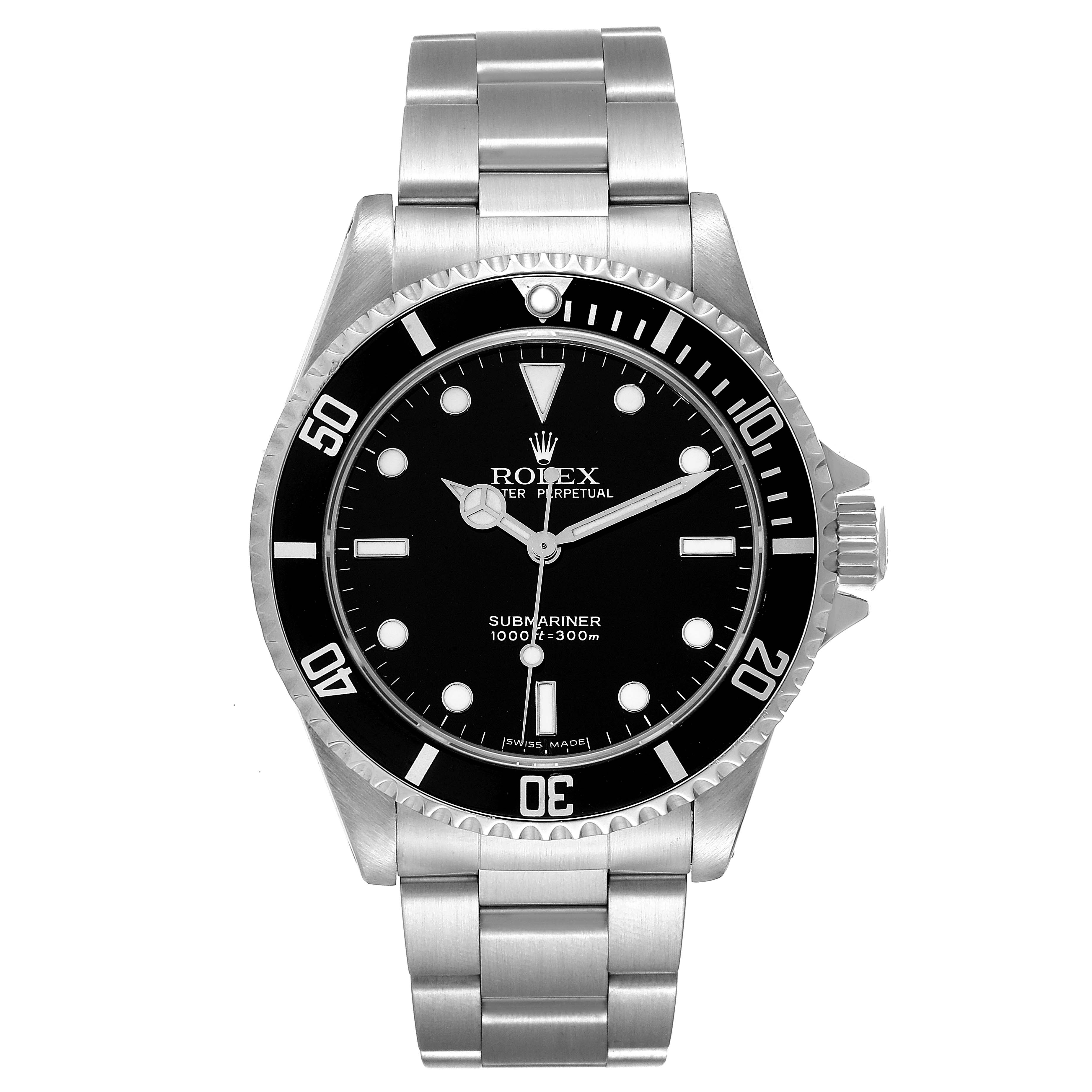 This image shows a front view of a Rolex Submariner 14060M Men's Stainless Steel Black Dial 14060M Men's Stainless Steel Black Dial watch, highlighting its dial, bezel, and bracelet.