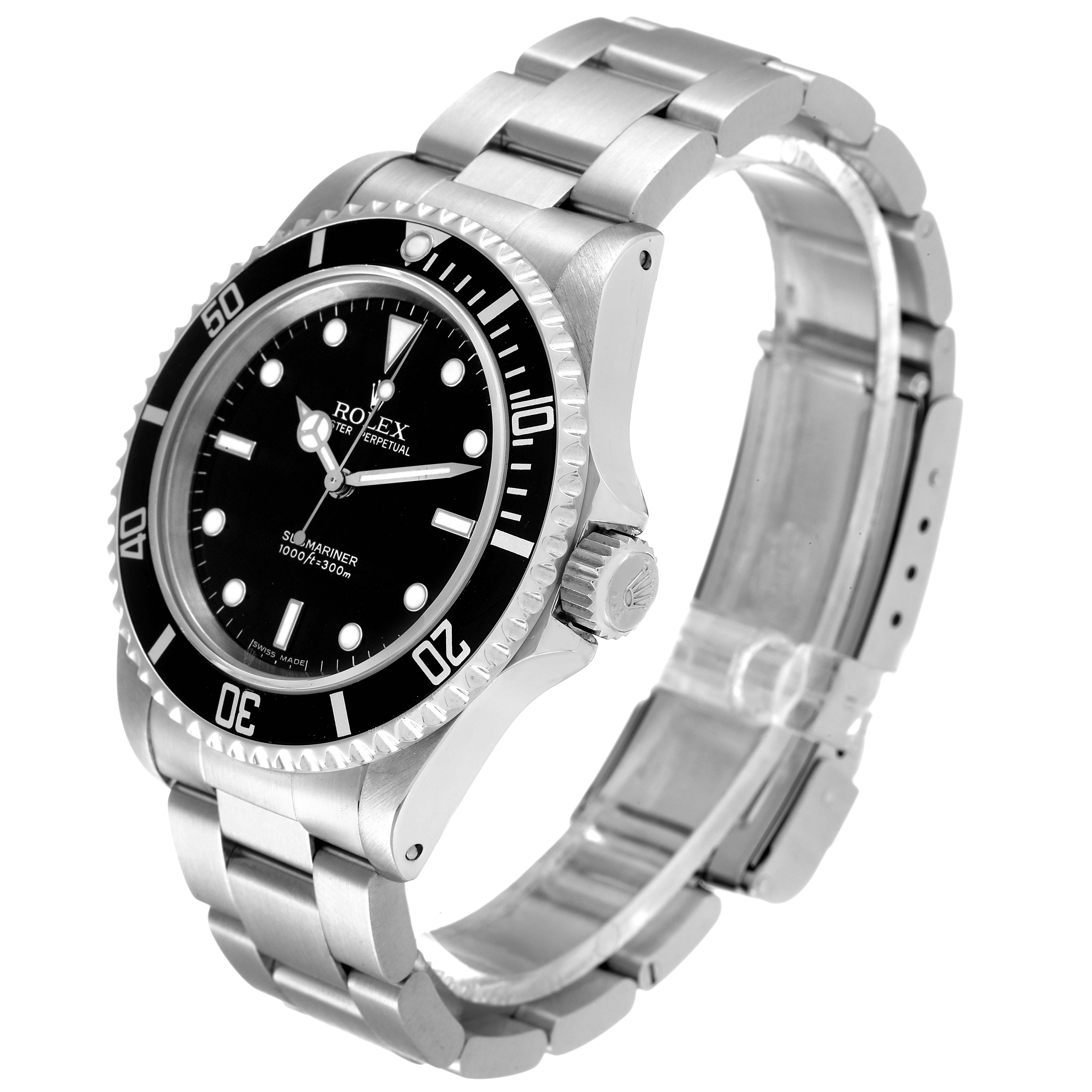 The Rolex Submariner 14060M Men's Stainless Steel Black Dial 14060M Men's Stainless Steel Black Dial is shown at a 3/4 front angle, highlighting its stainless steel case, bezel, bracelet, and crown.