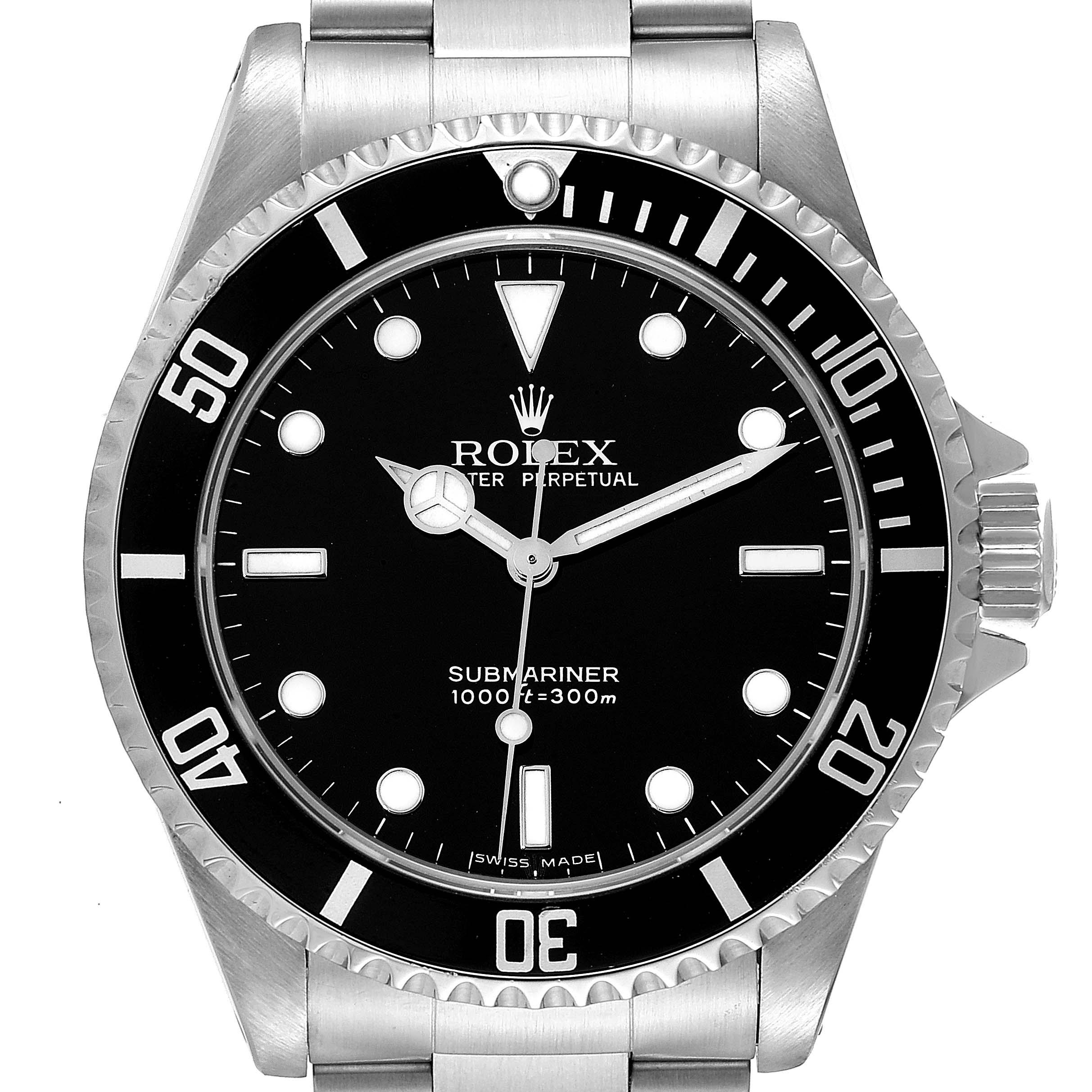 This image shows a front view of the Rolex Submariner 14060M Men's Stainless Steel Black Dial 14060M Men's Stainless Steel Black Dial watch, featuring its bezel, crown, and dial face.