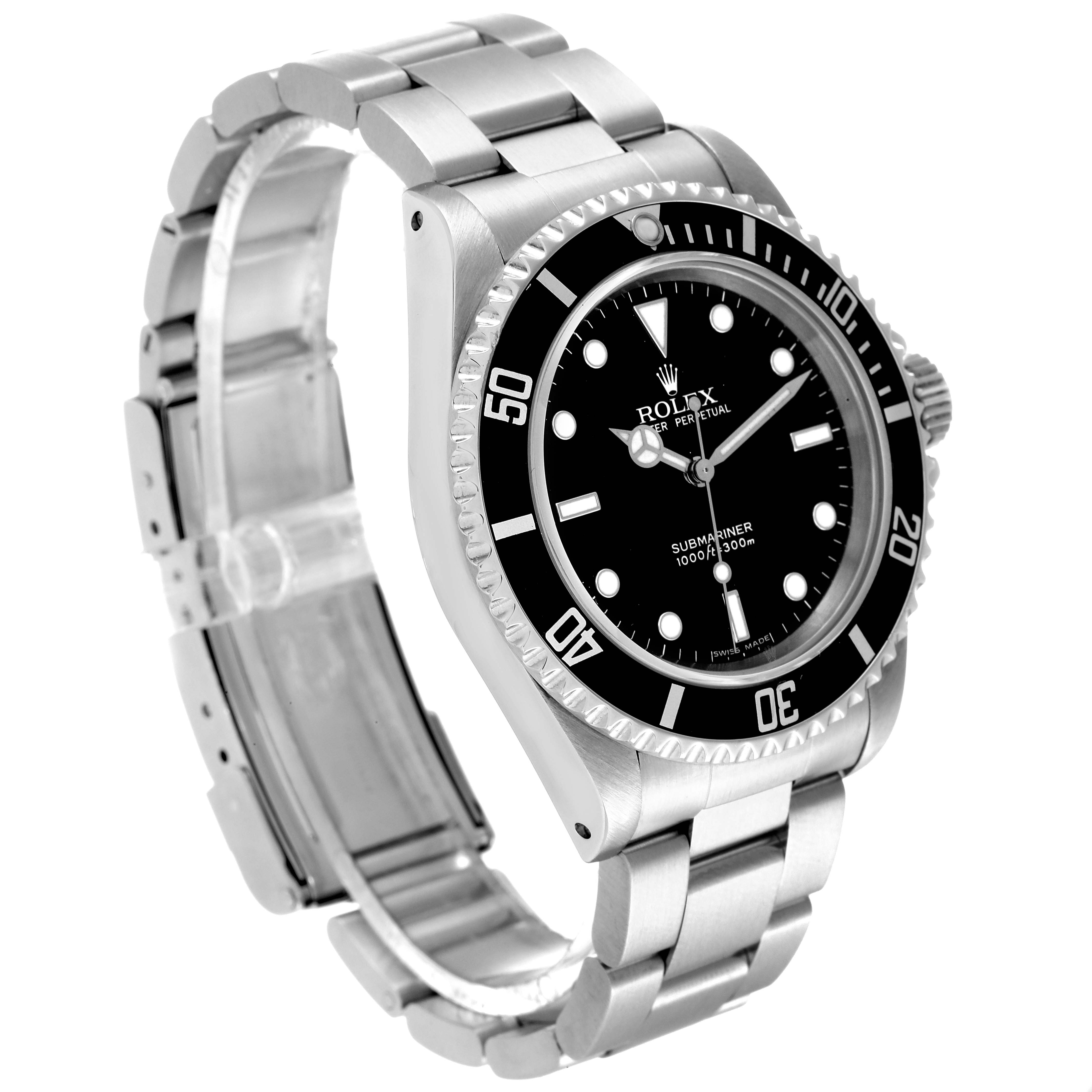 The Rolex Submariner 14060M Men's Stainless Steel Black Dial 14060M Men's Stainless Steel Black Dial watch is shown at a three-quarter angle, displaying its face, bezel, and stainless steel band.