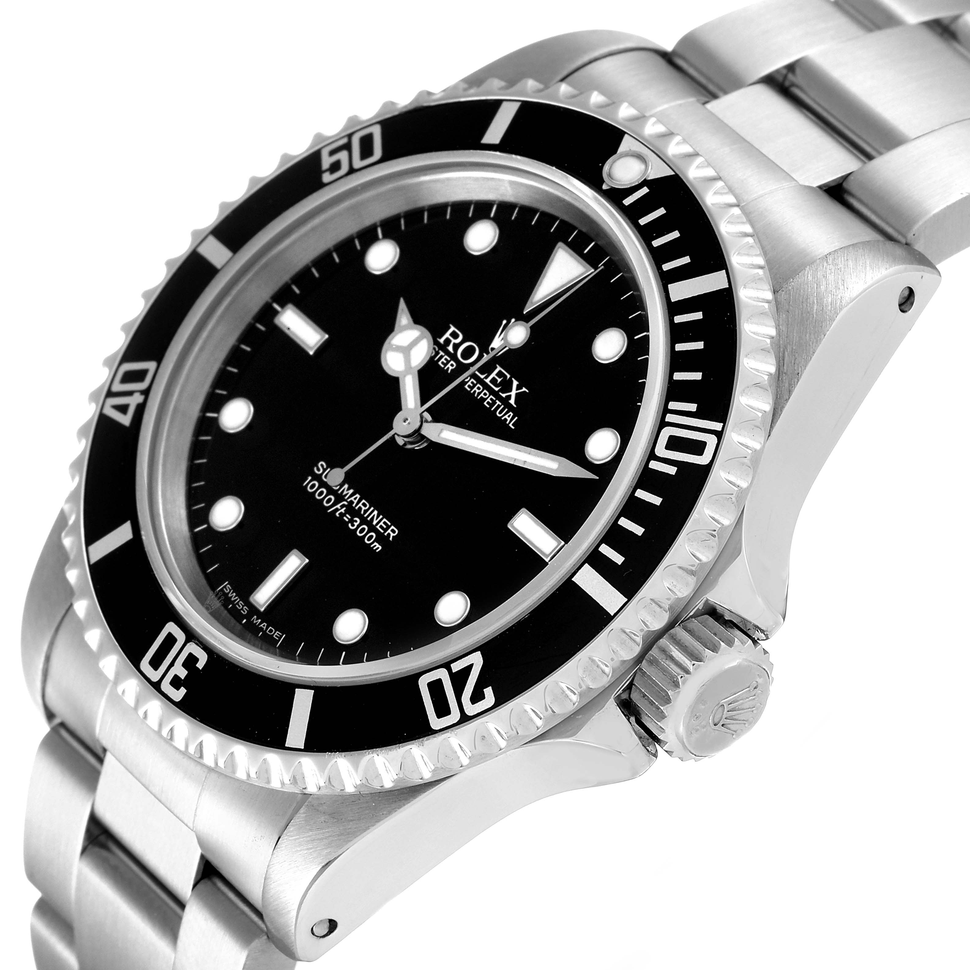 The Rolex Submariner 14060M Men's Stainless Steel Black Dial 14060M Men's Stainless Steel Black Dial watch is shown at an angled side view, highlighting the bezel, crown, and bracelet.