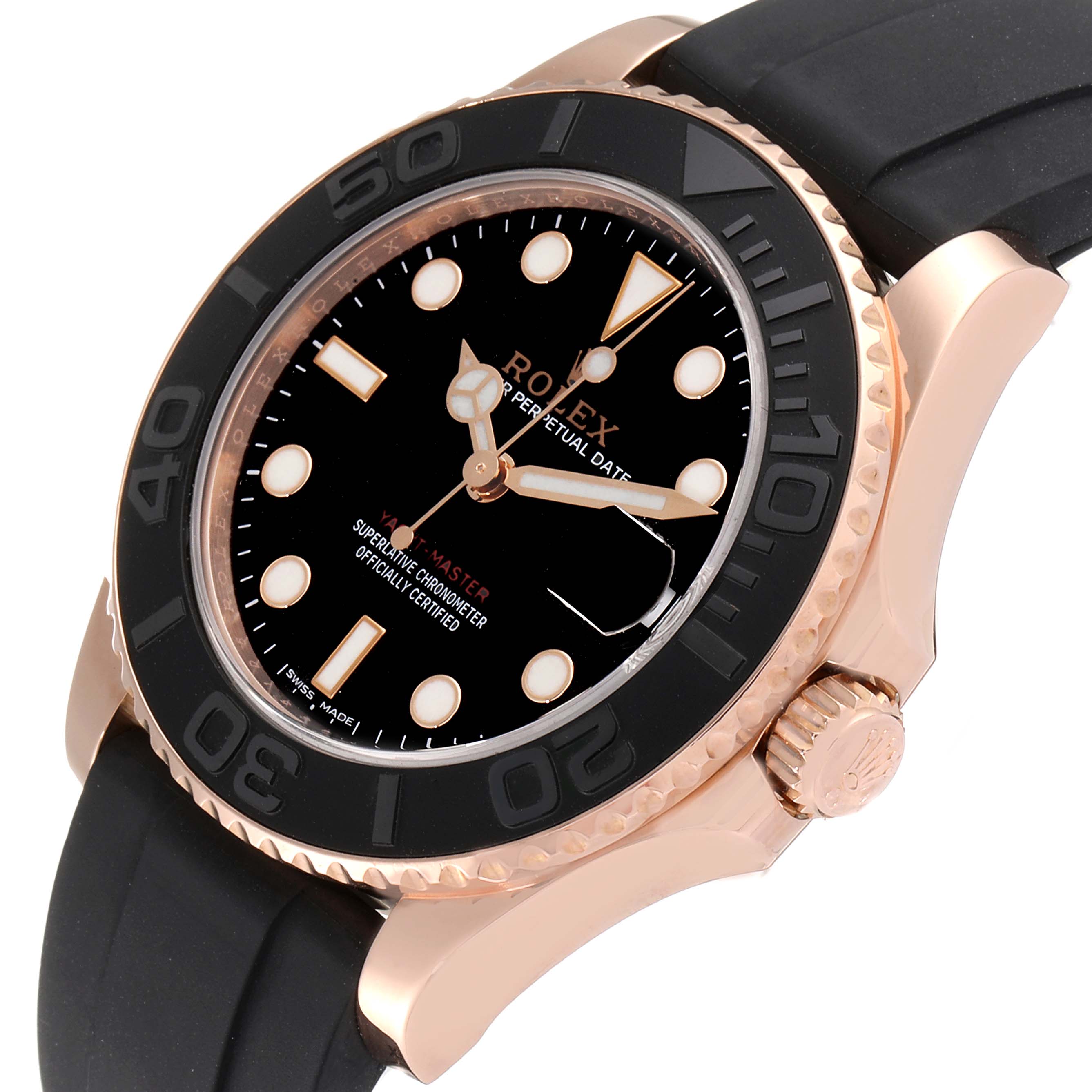 The Yacht-Master by Rolex is shown at an angle highlighting its bezel, dial, and rubber strap.