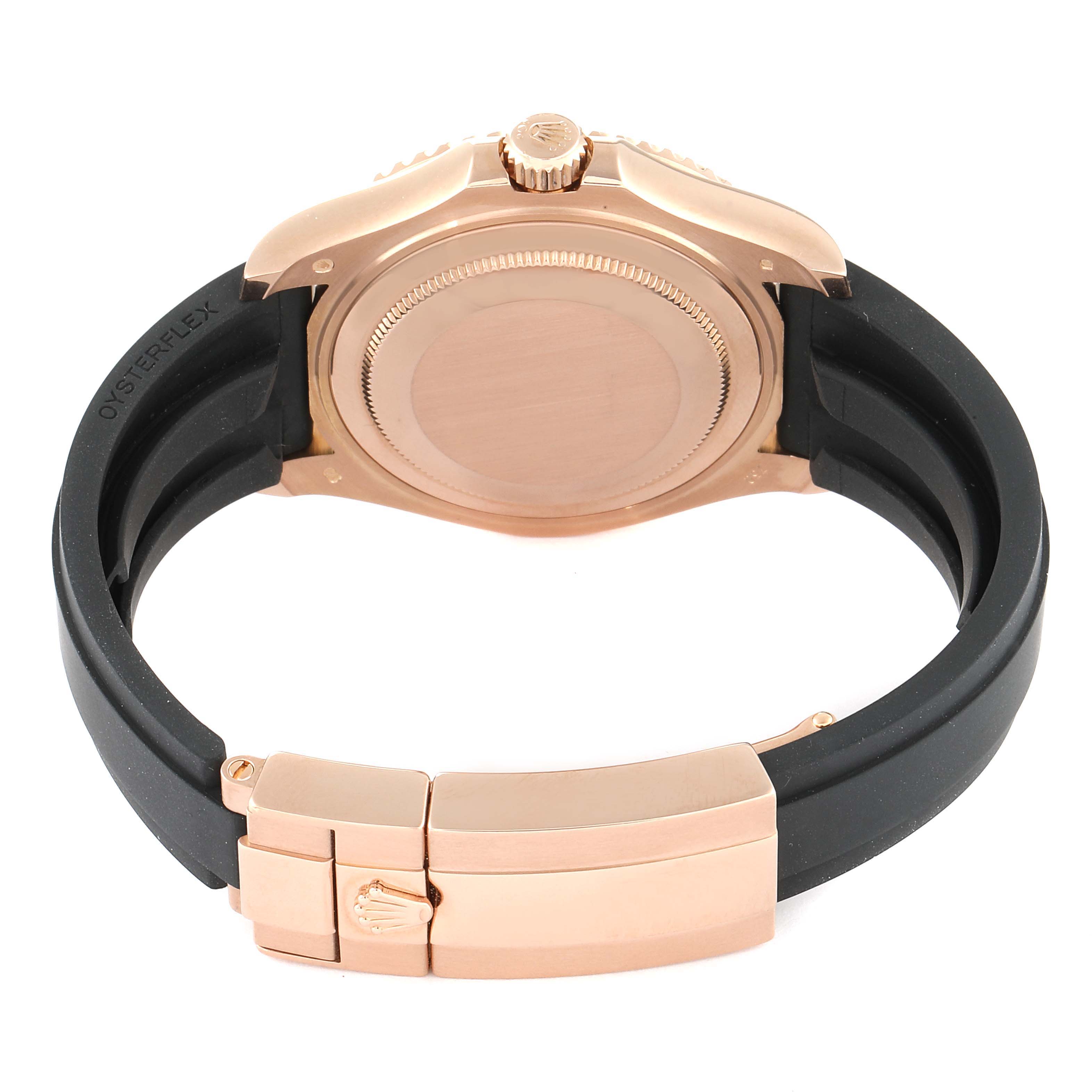 The image shows the back case and clasp of the Rolex Yacht-Master 268655 Men's Rose Gold Black Dial 268655 Men's Rose Gold Black Dial watch, including its Oysterflex bracelet.