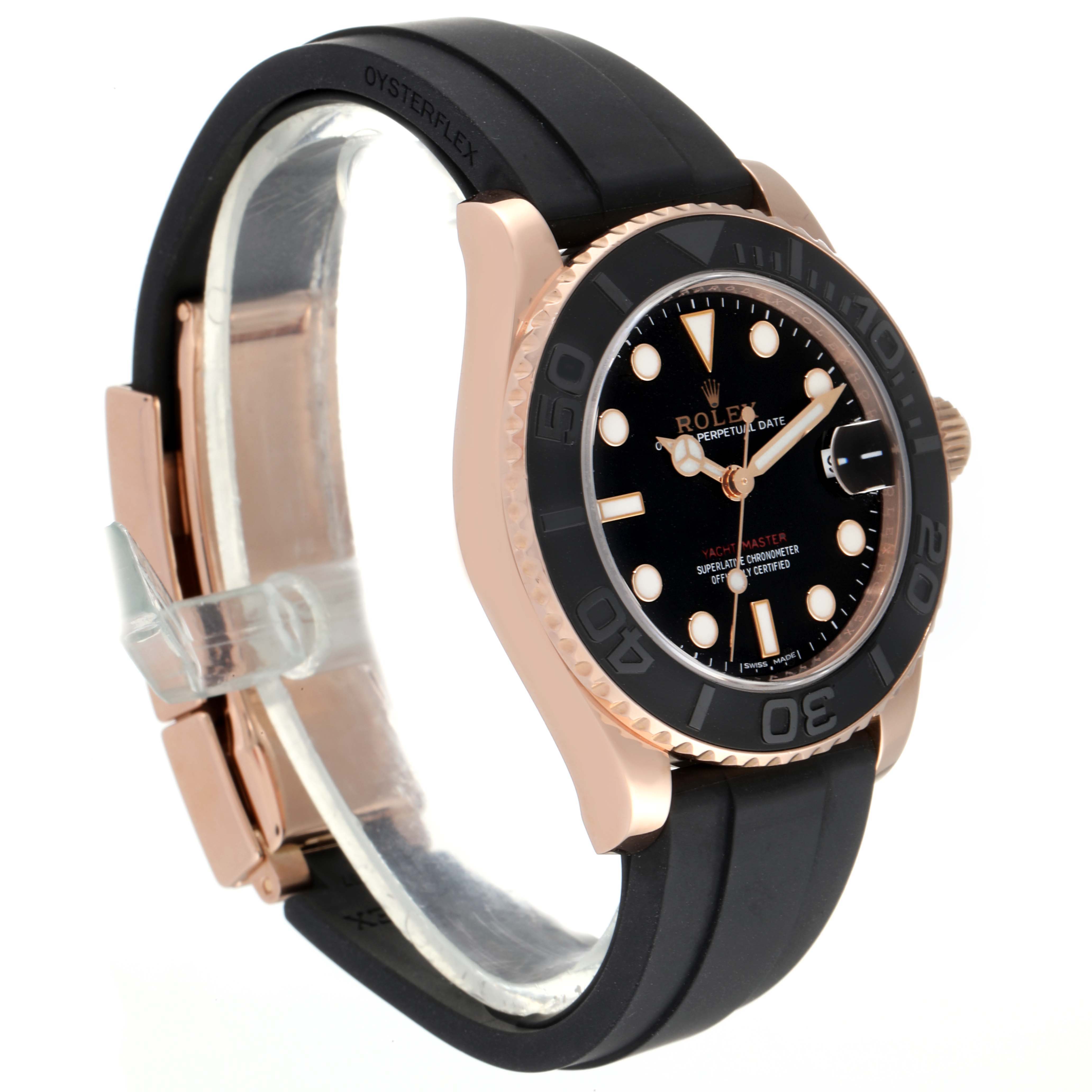 The image shows a front-left angled view of the Rolex Yacht-Master 268655 Men's Rose Gold Black Dial 268655 Men's Rose Gold Black Dial watch, highlighting the black dial and bezel, and the black Oysterflex strap.